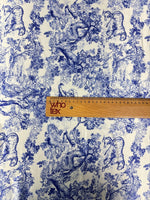 Blue Toile Print Stretch Lycra Satin Fabric by the Metre - Whotex Fabrics London
