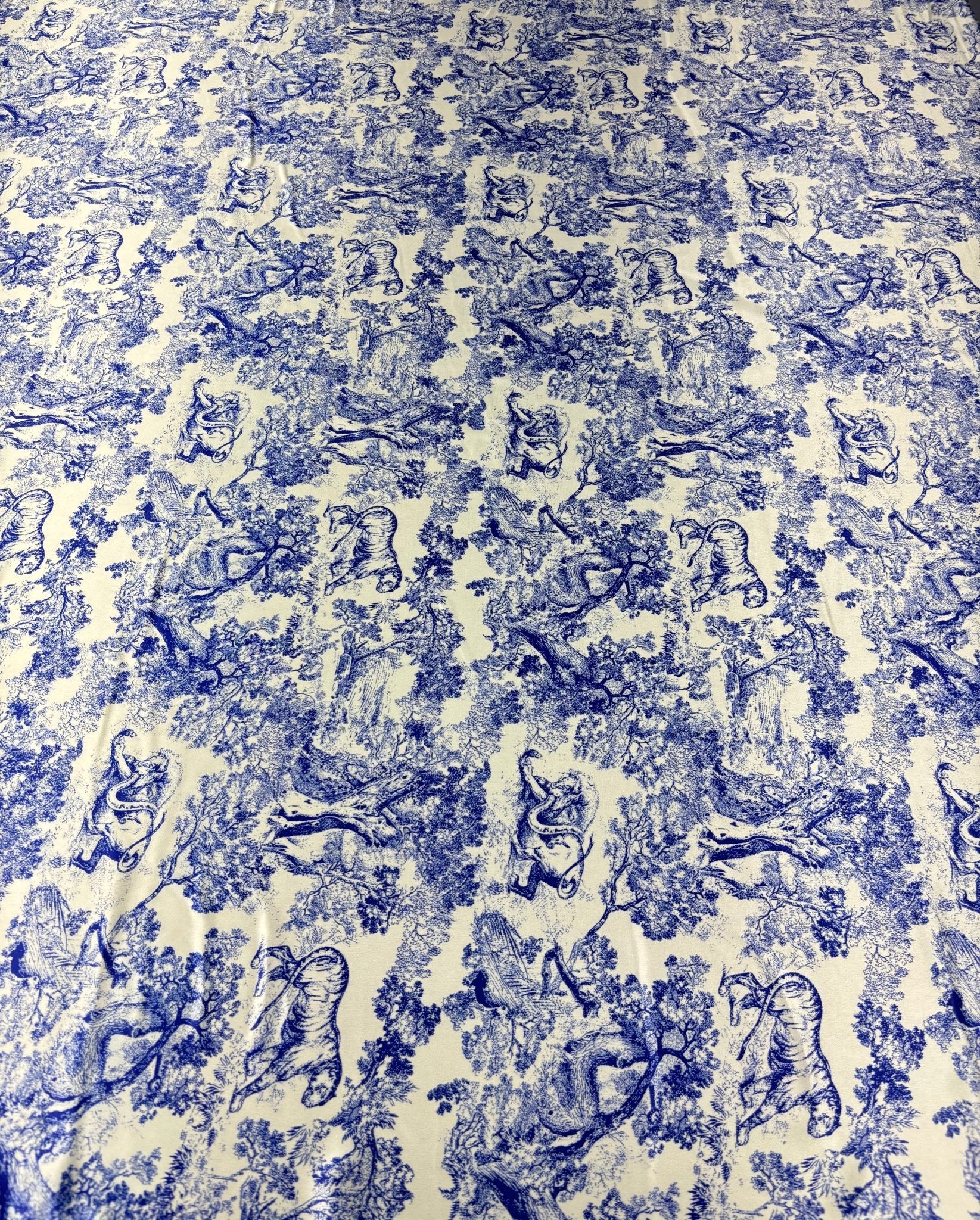 Blue Toile Print Stretch Lycra Satin Fabric by the Metre - Whotex Fabrics London