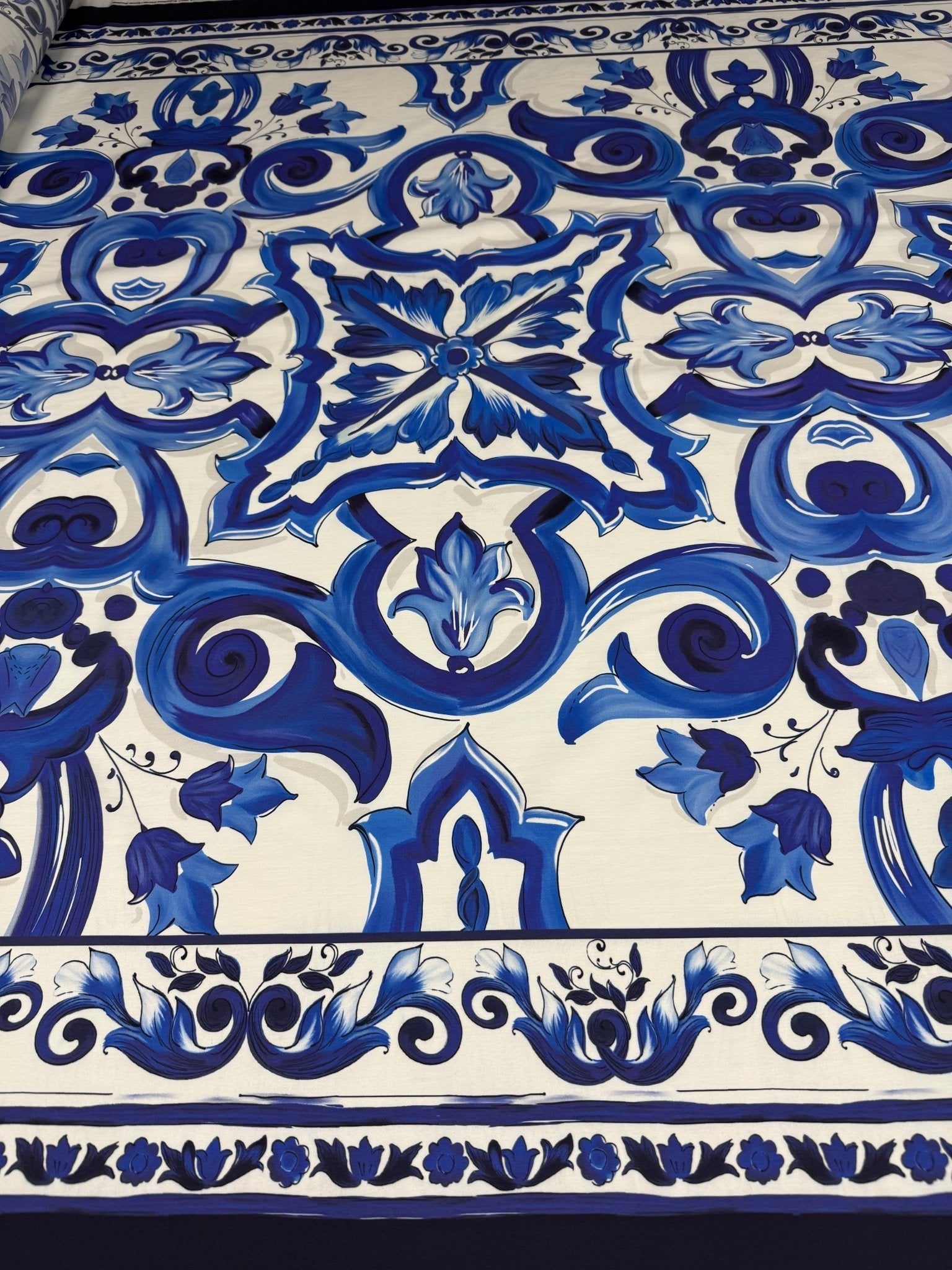Blue & White Majolica Tile Organic Cotton Poplin Fabric by the Metre - Whotex Fabrics London
