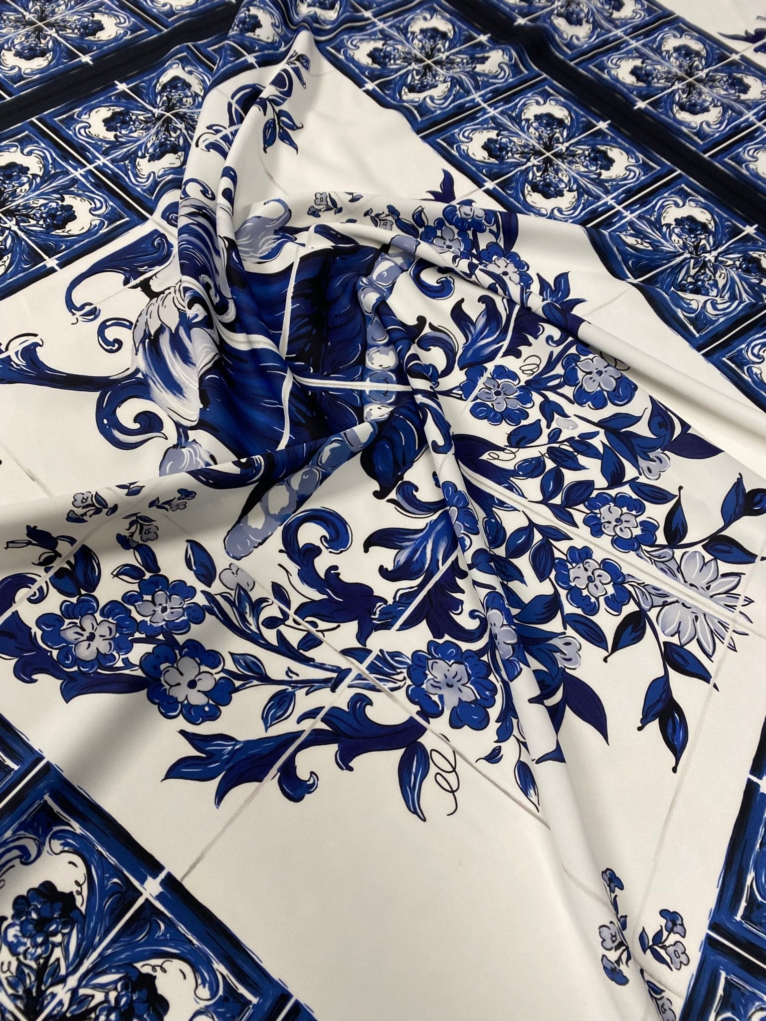 Blue & White Tile Print Crepe Fabric by the Metre – Classic Floral - Whotex Online Fabric Store