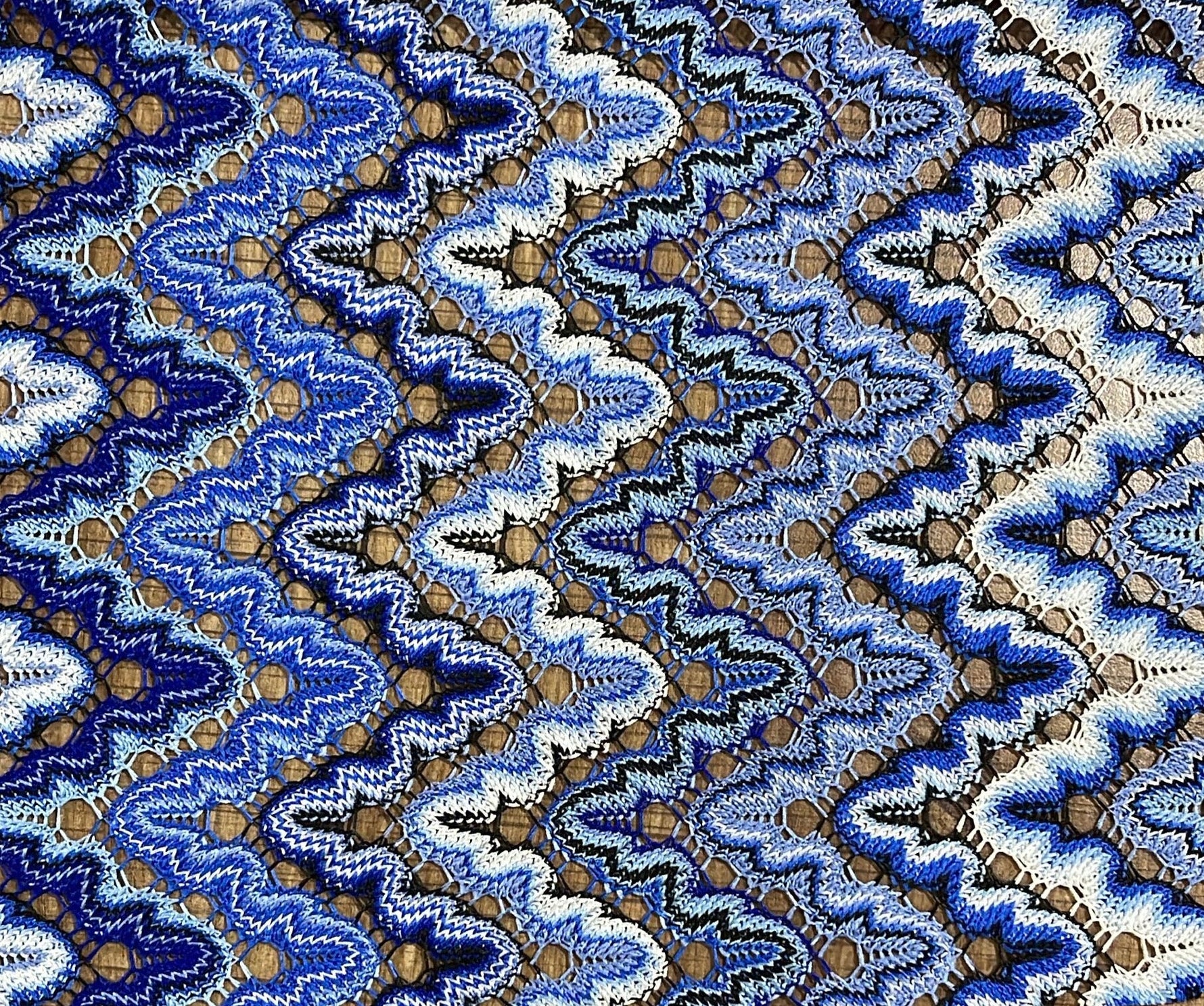 Blue Zigzag Mesh Fabric – Lightweight Stretch Dress Material - Whotex Fabrics London