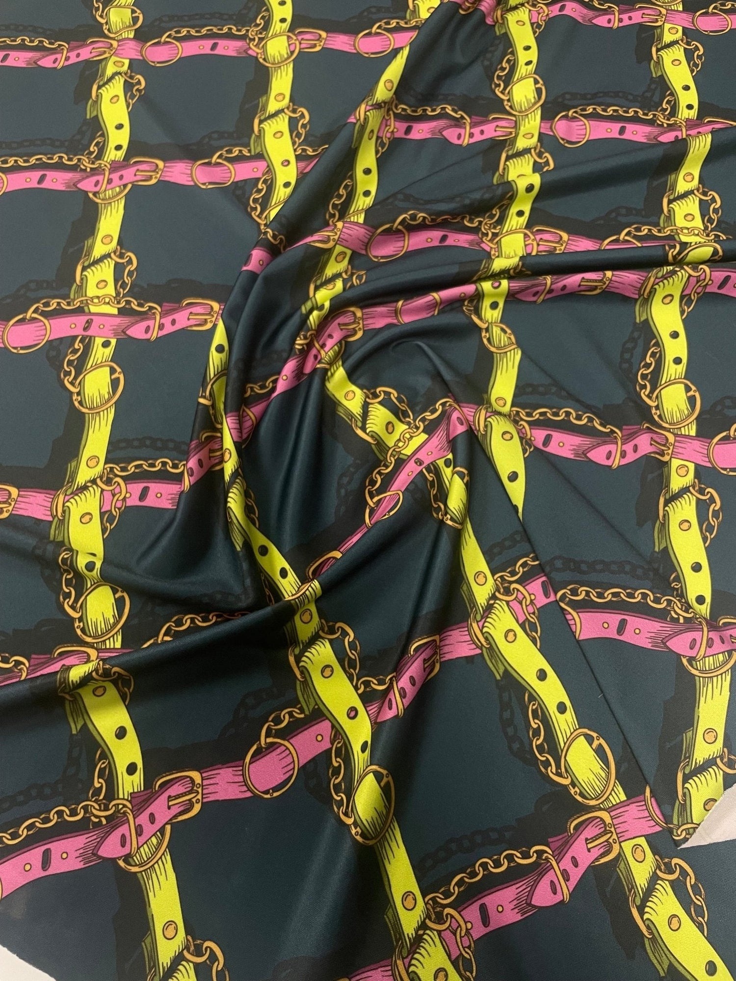 Bold Chain & Belt Print Fashion Fabric by the Metre - Whotex Fabrics London