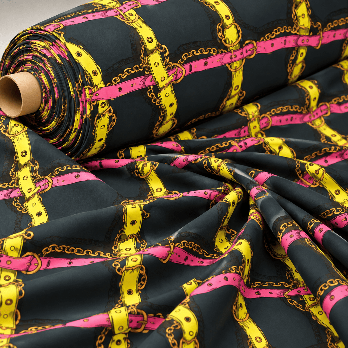 Bold Chain & Belt Print Fashion Fabric by the Metre - Whotex Fabrics London