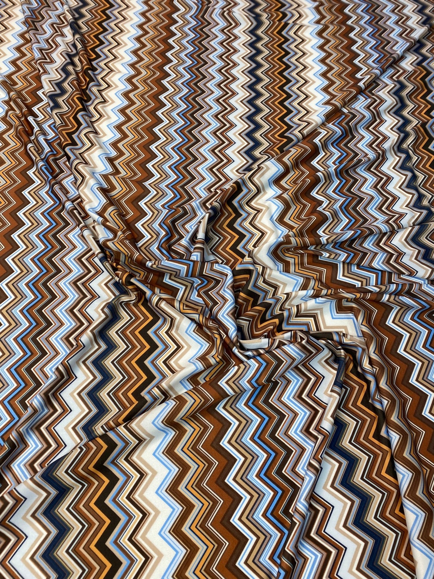 Brown Blue Zigzag Pattern Fabric by the Metre - Whotex Fabrics London