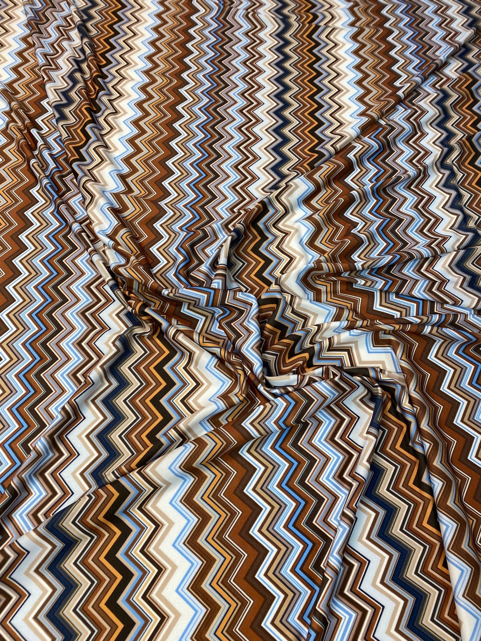 Brown Blue Zigzag Pattern Fabric by the Metre - Whotex Fabrics London