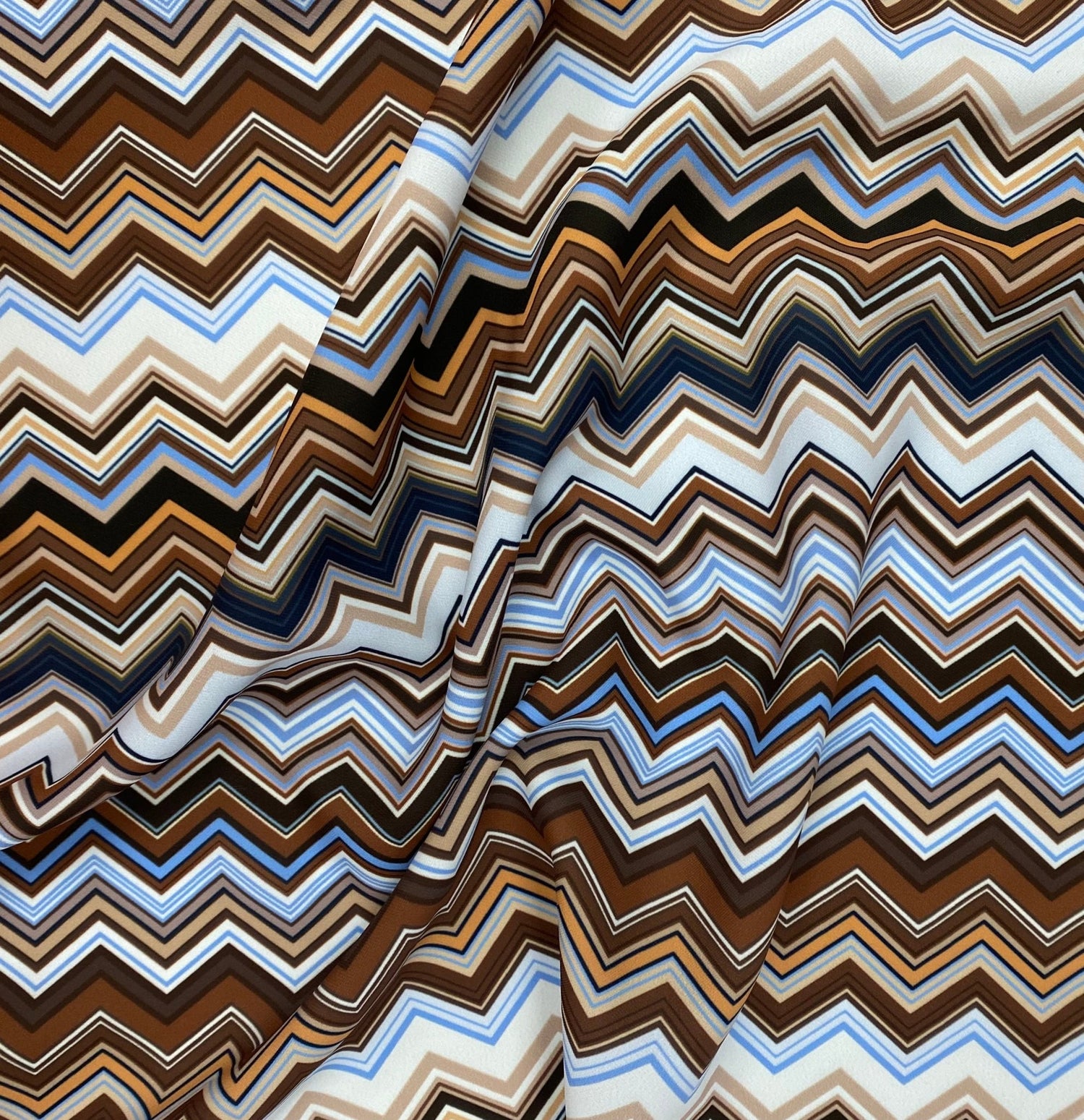 Brown Blue Zigzag Pattern Fabric by the Metre - Whotex Fabrics London
