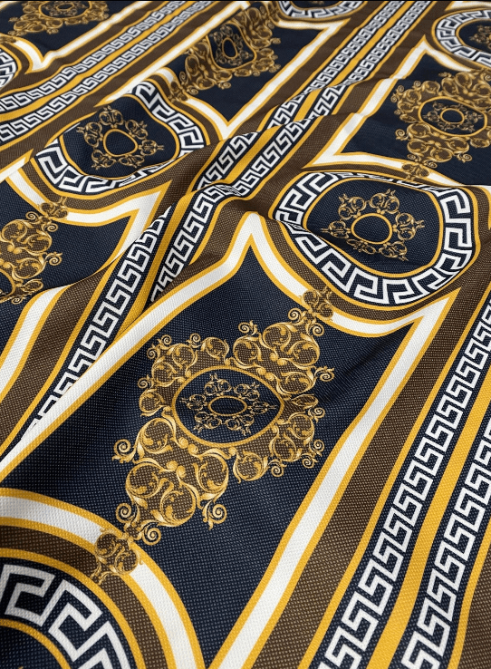 Brown Silky Crepe Fabric with Greek Key Pattern Fabric by Metre - Whotex Fabrics London