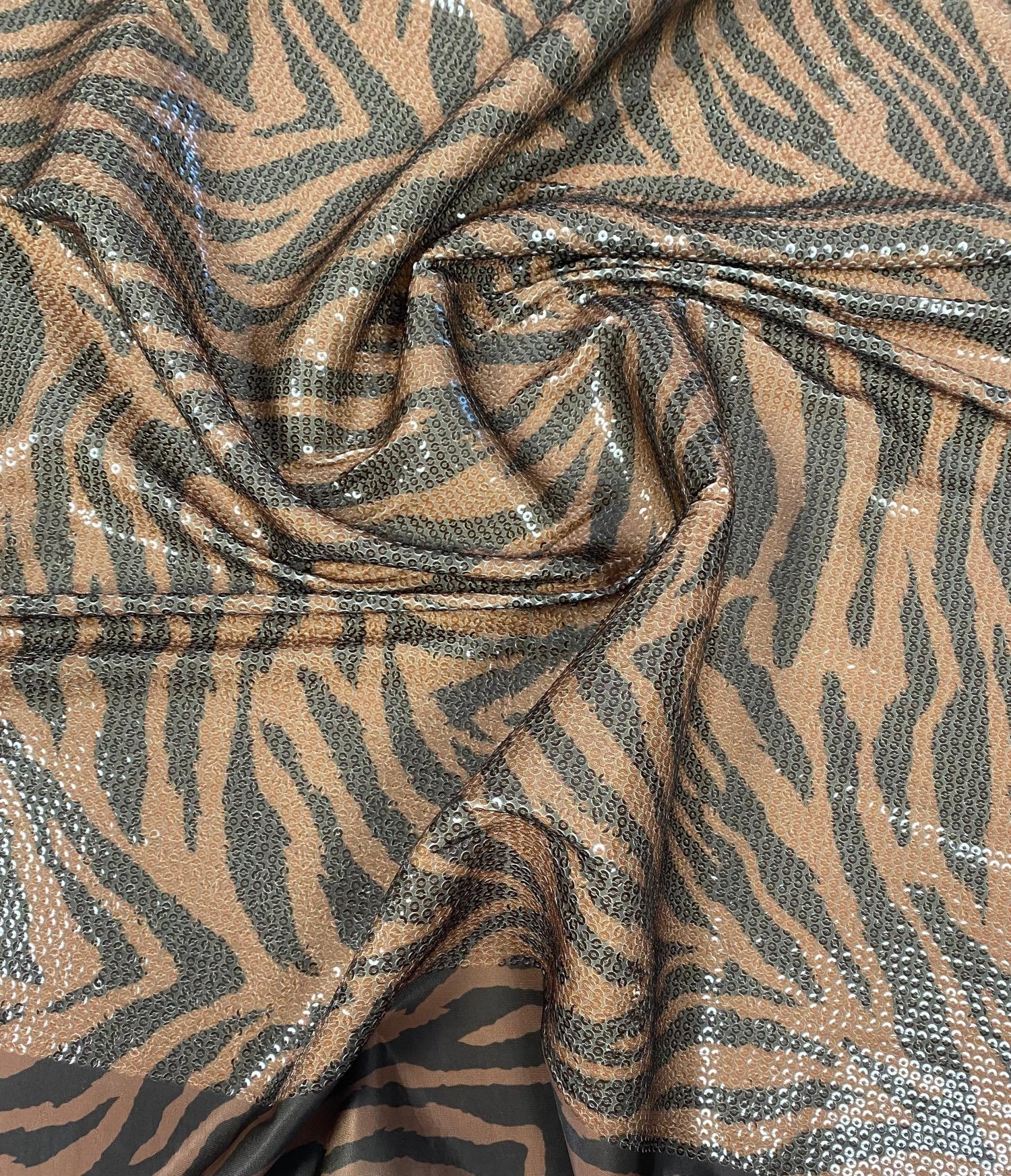 Brown Tiger Sequin Animal Print Fabric by the Metre - Whotex Fabrics London