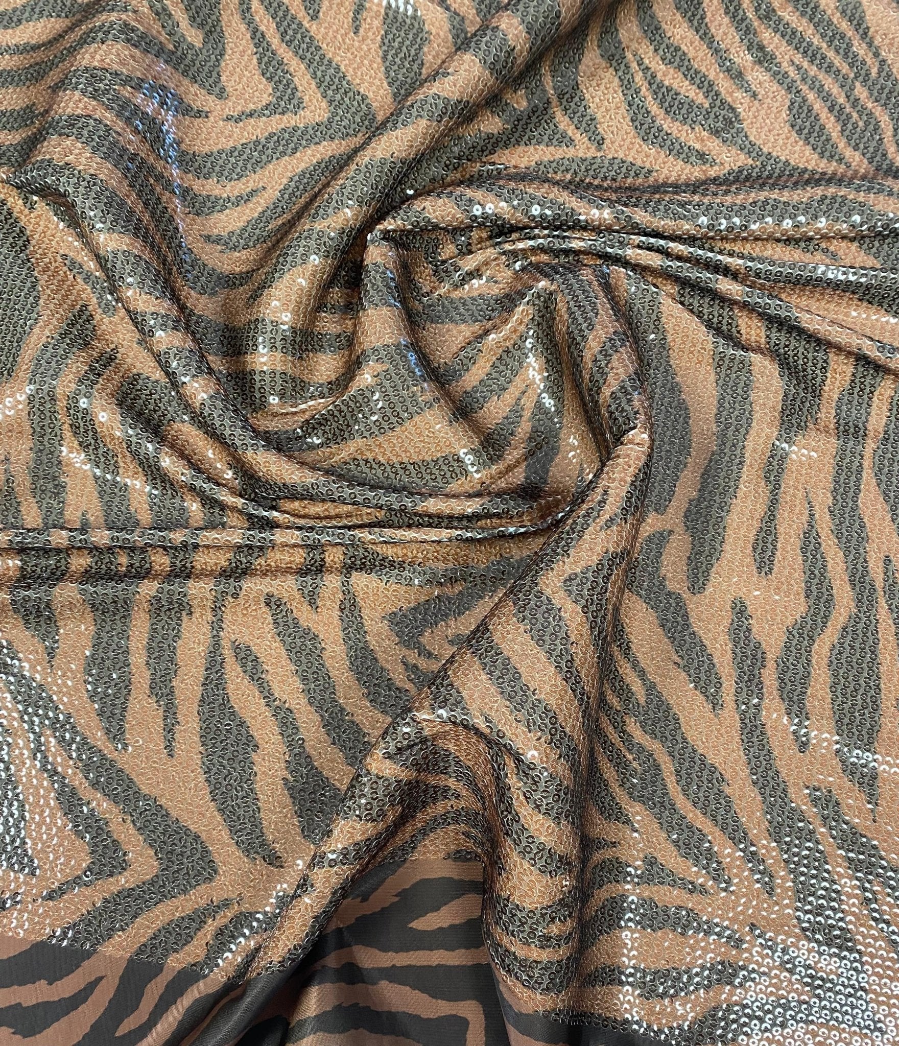 Brown Tiger Sequin Animal Print Fabric by the Metre - Whotex Fabrics London