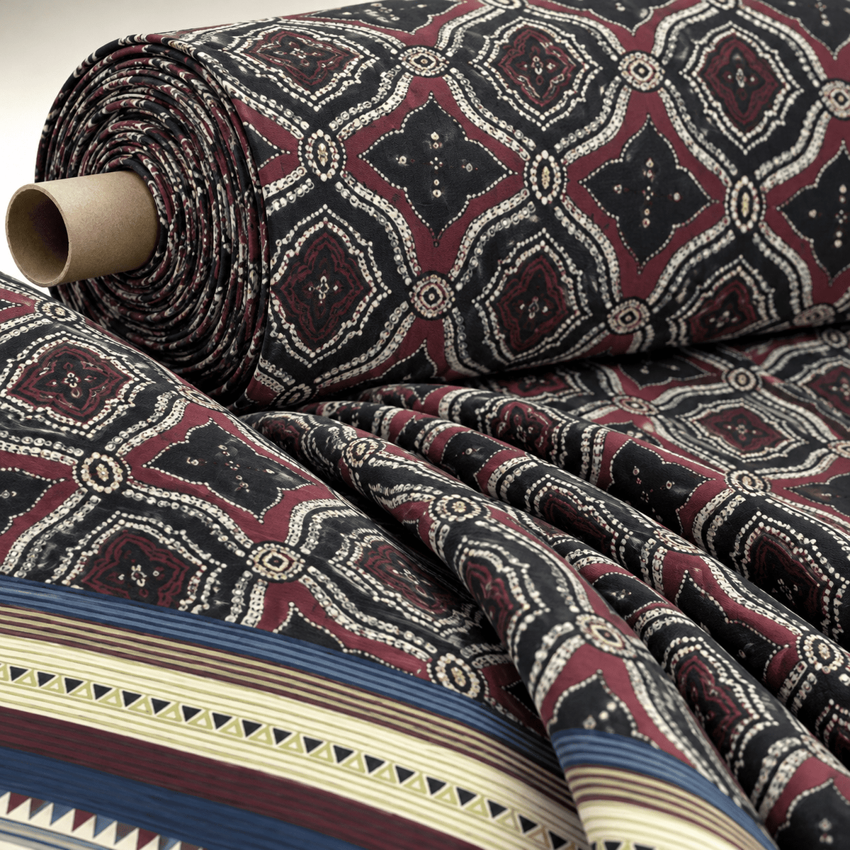 Burgundy and Black Geometric Pattern with Ethnic Striped Edge Design Fabric By Metre - Whotex Fabrics London