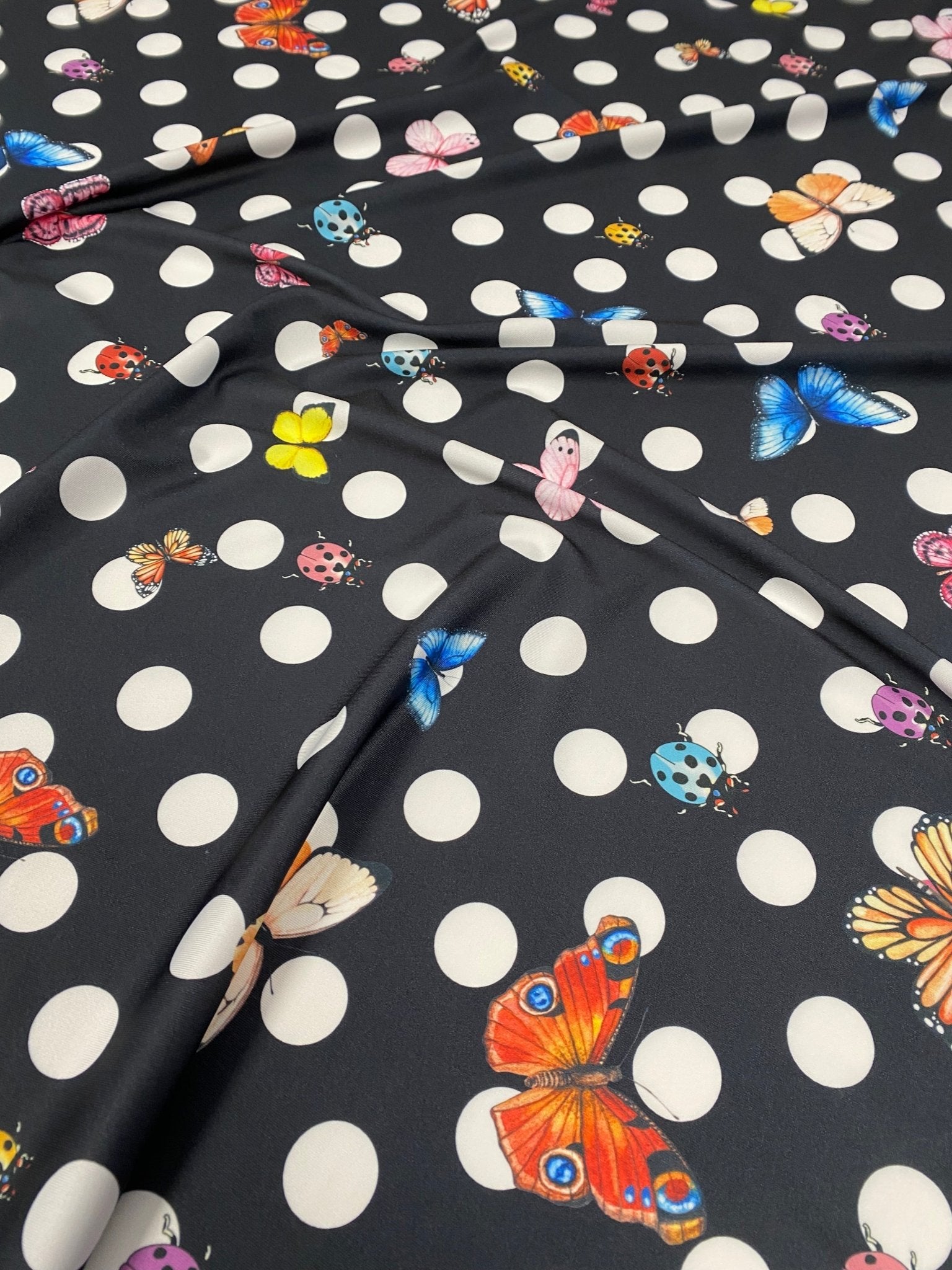 Butterflies Black White Polka Dot Fabric by Metre - Whotex Fabrics London