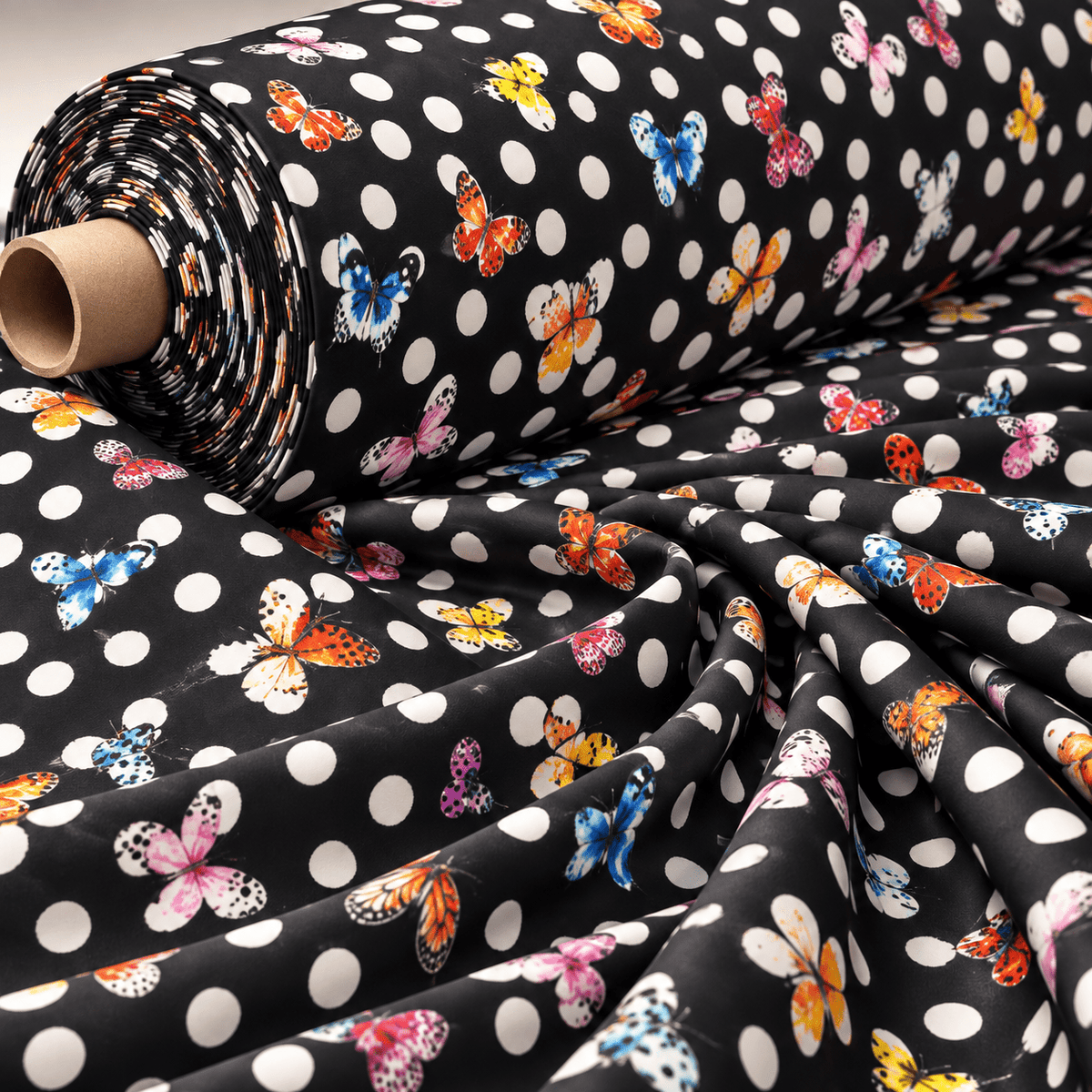 Butterfly Polka Dot Satin Fabric by the Metre - Whotex Fabrics London
