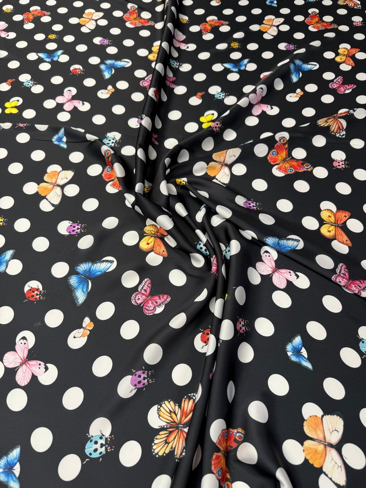 Butterfly Polka Dot Satin Fabric by the Metre - Whotex Fabrics London
