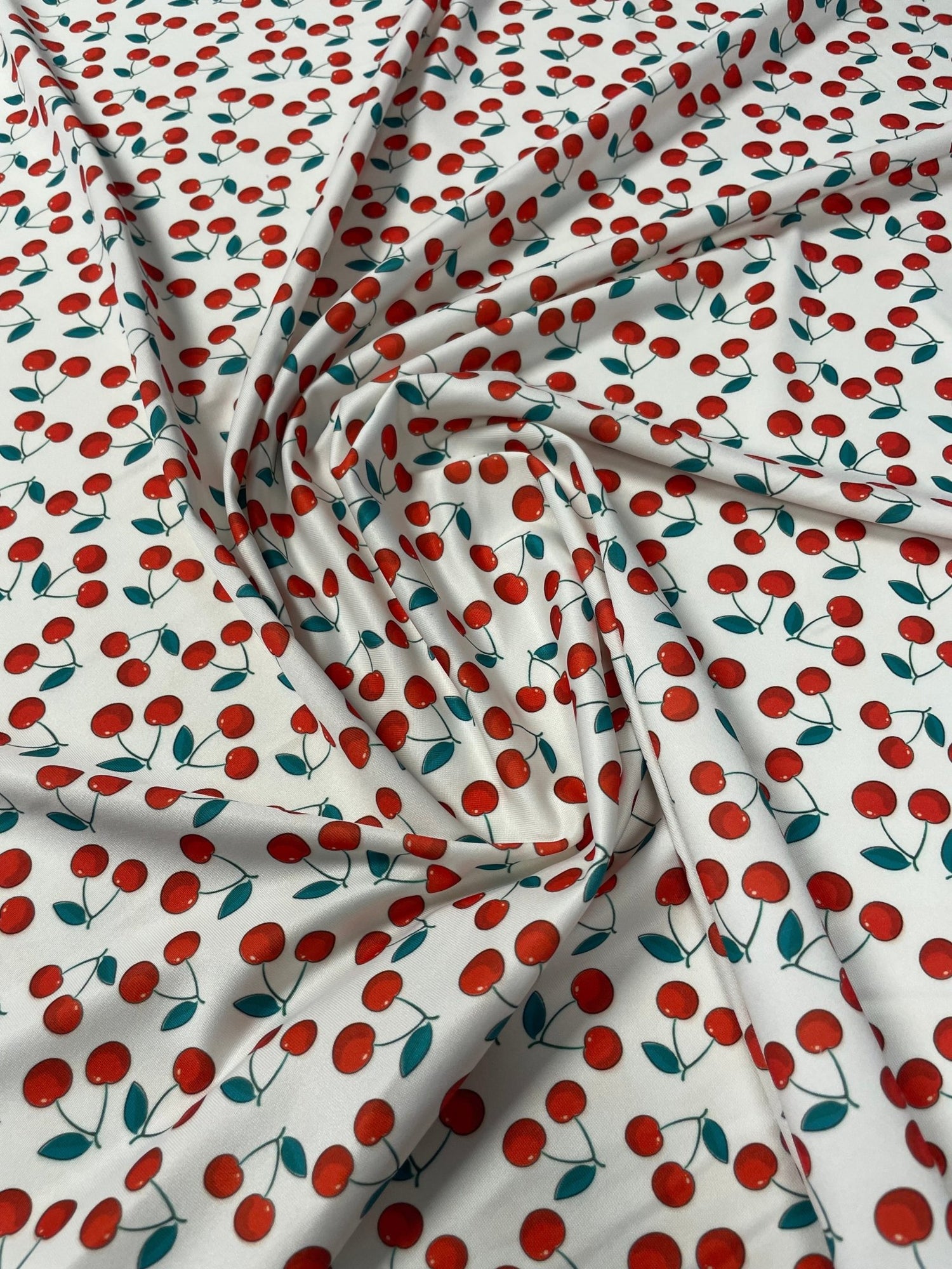 Cherry Print Fabric by the Metre – White Cotton Blend - Whotex Fabrics London