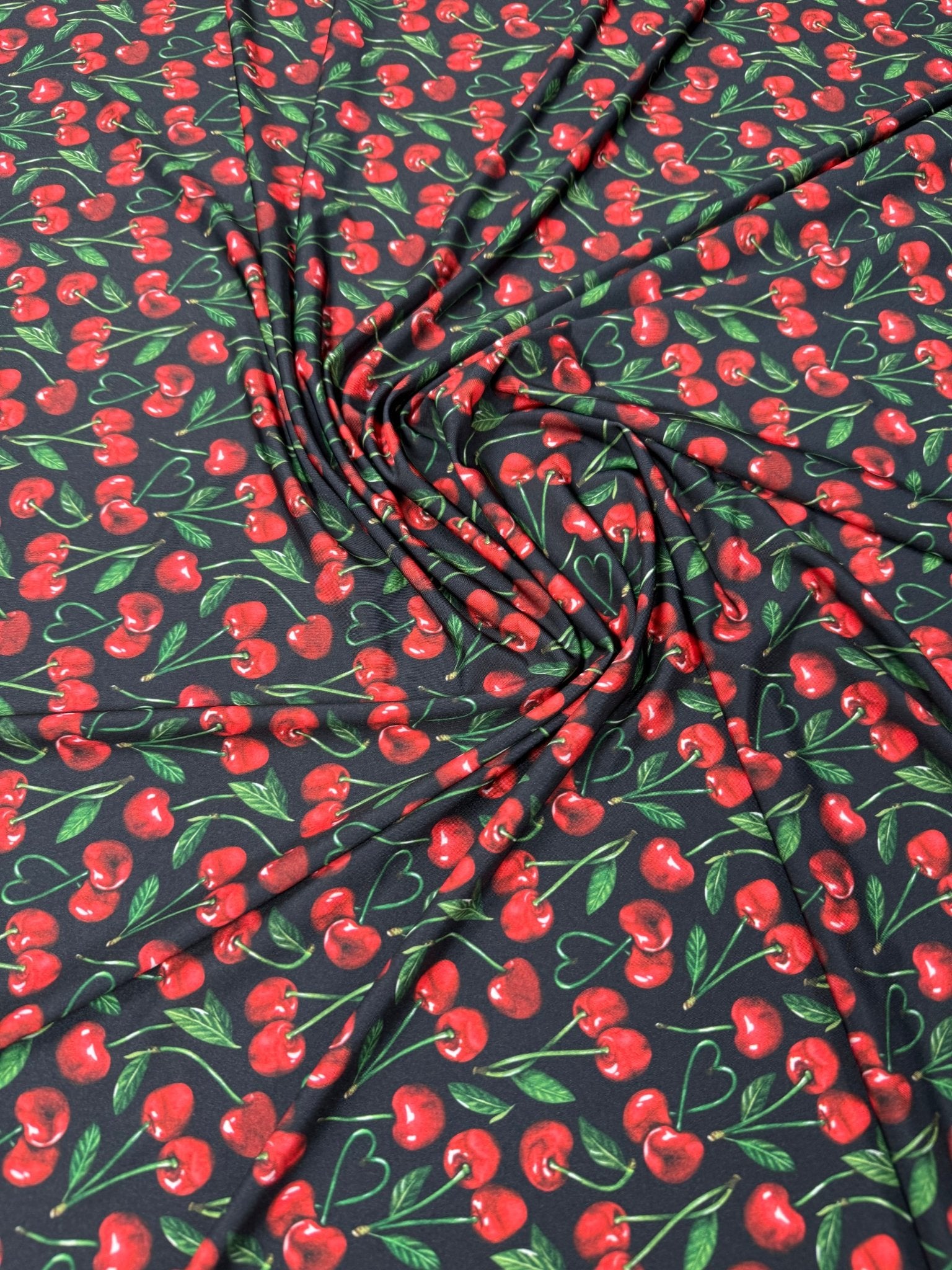Cherry Print Lycra Stretch Fabric by the Metre - Whotex Fabrics London