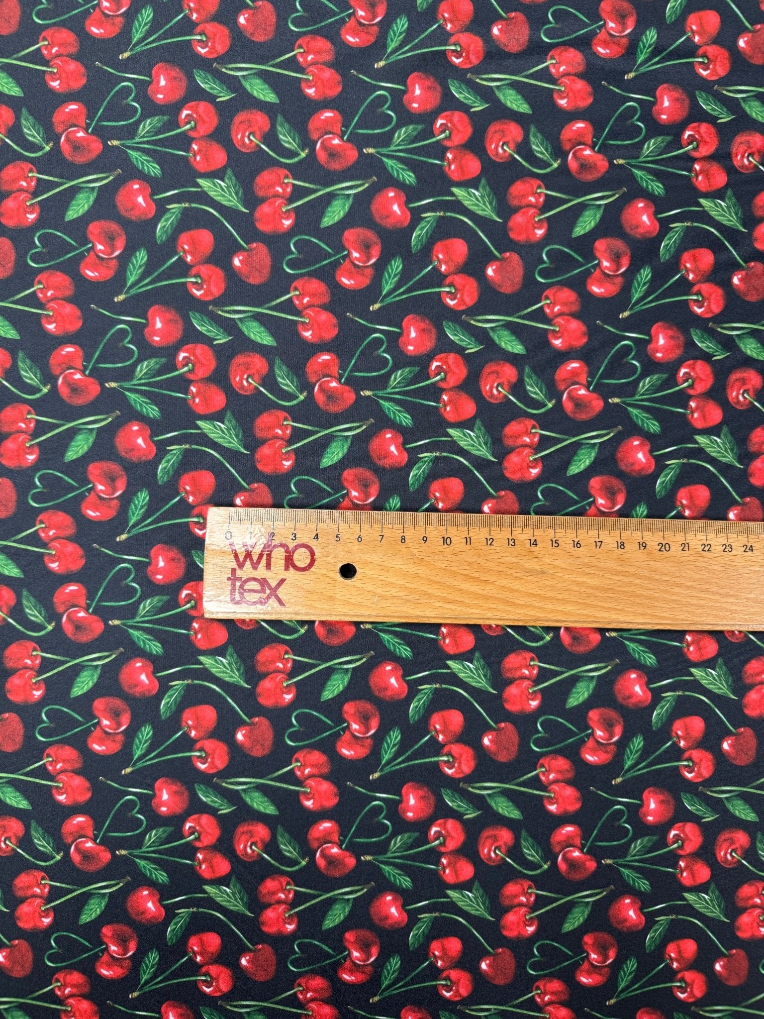 Cherry Print Lycra Stretch Fabric by the Metre - Whotex Fabrics London