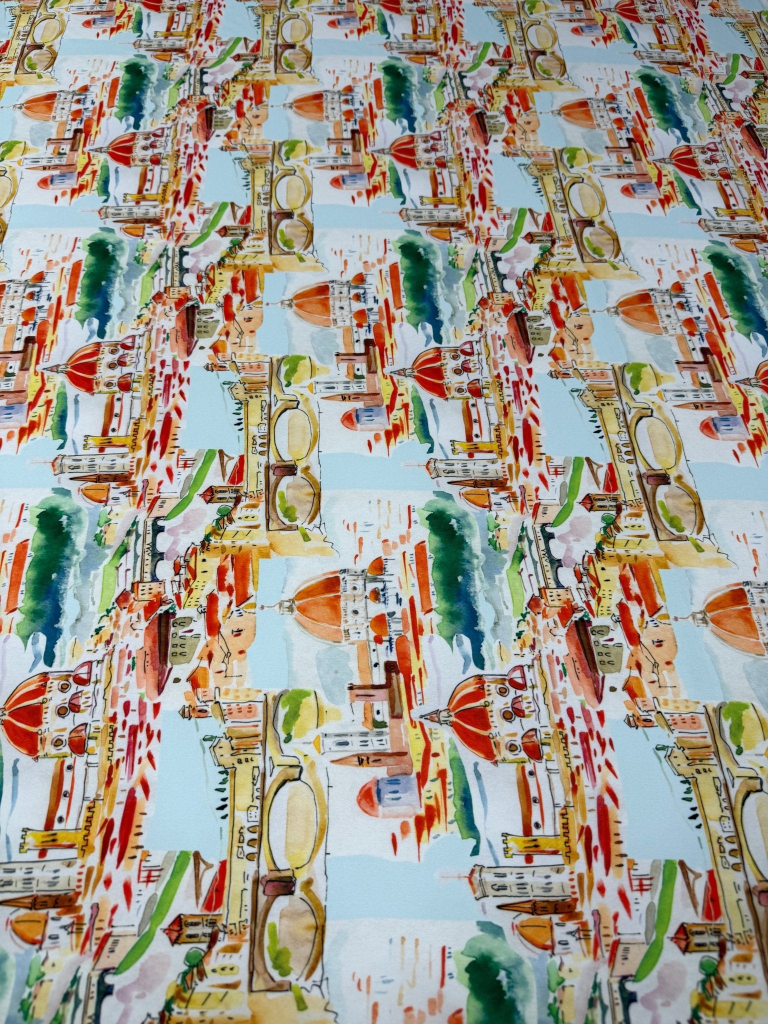 Cityscape Print Moss Crepe Fabric by the Metre - Whotex Fabrics London