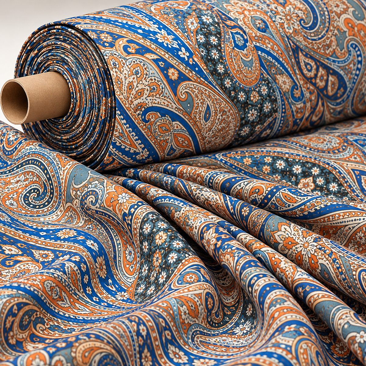 Classic Blue & Beige Paisley Fabric by the Metre - Whotex Fabrics London