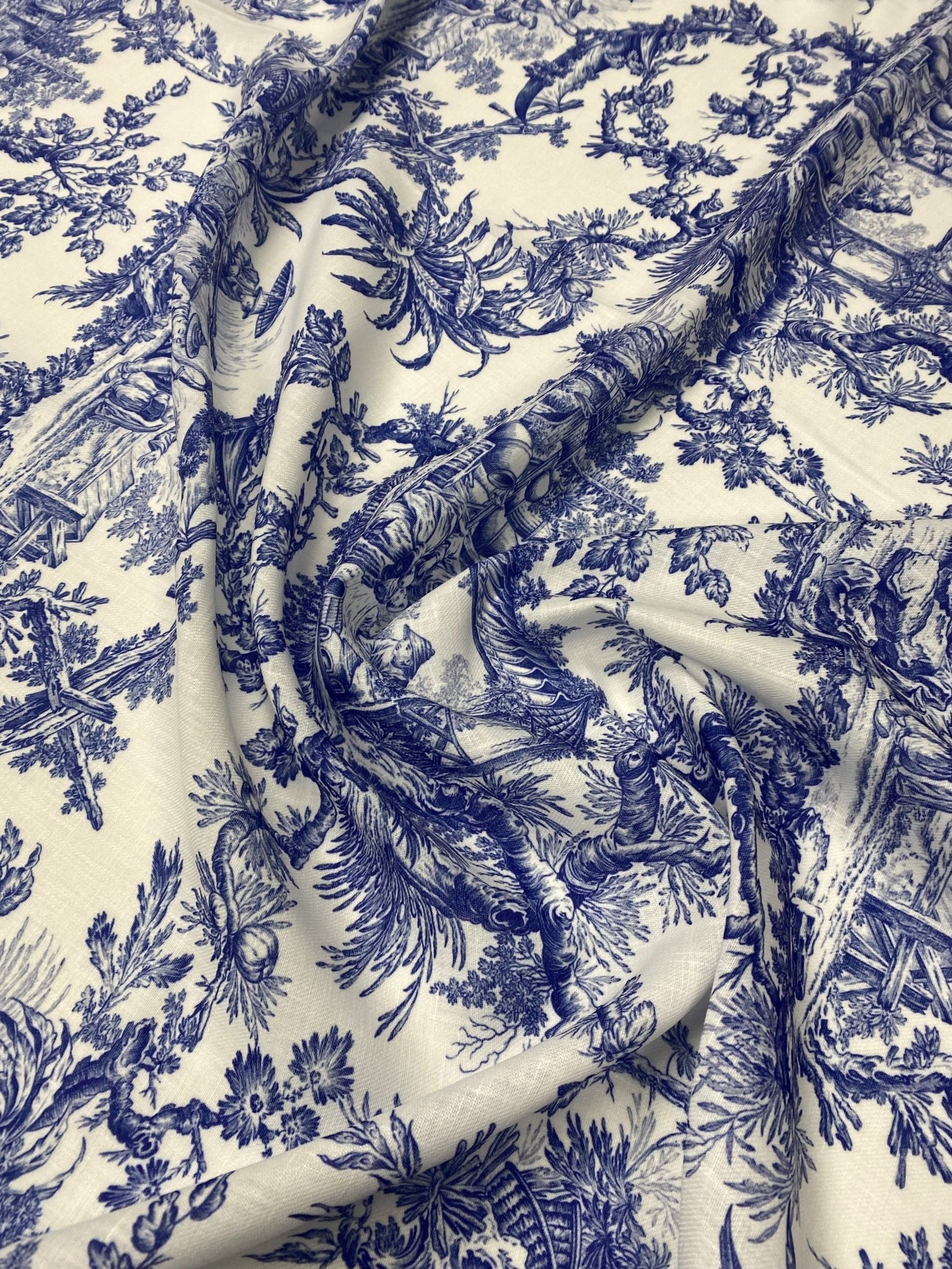 Classic Blue Toile de Jouy Poly Linen Fabric by Metre - Whotex Fabrics London