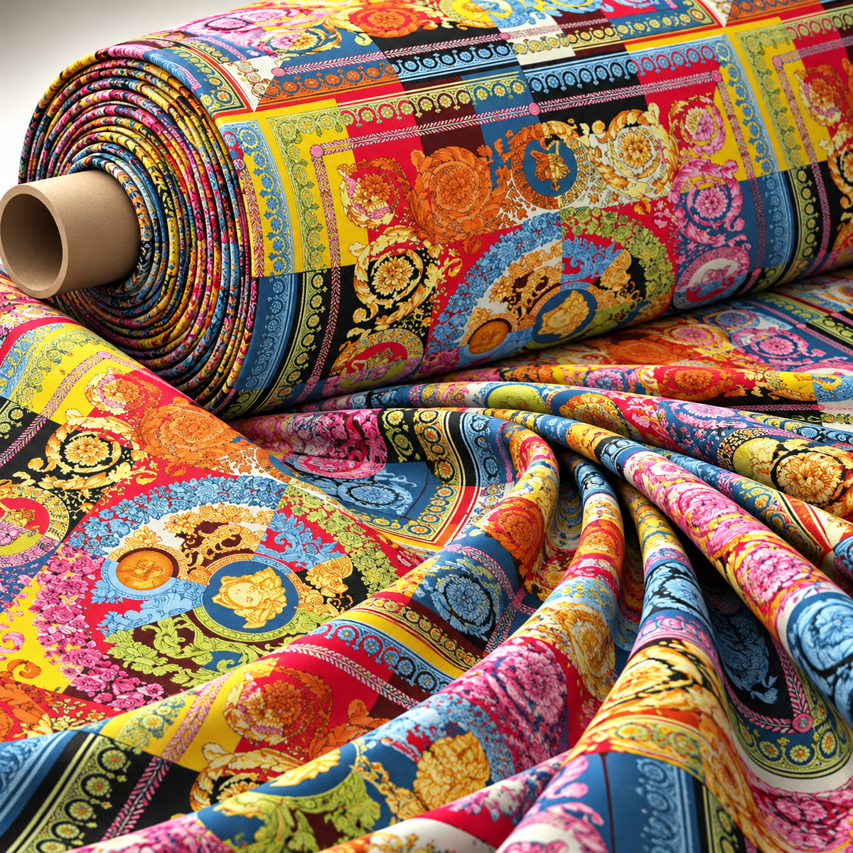 Colourful Baroque Satin Fabric by the Metre - Whotex Fabrics London