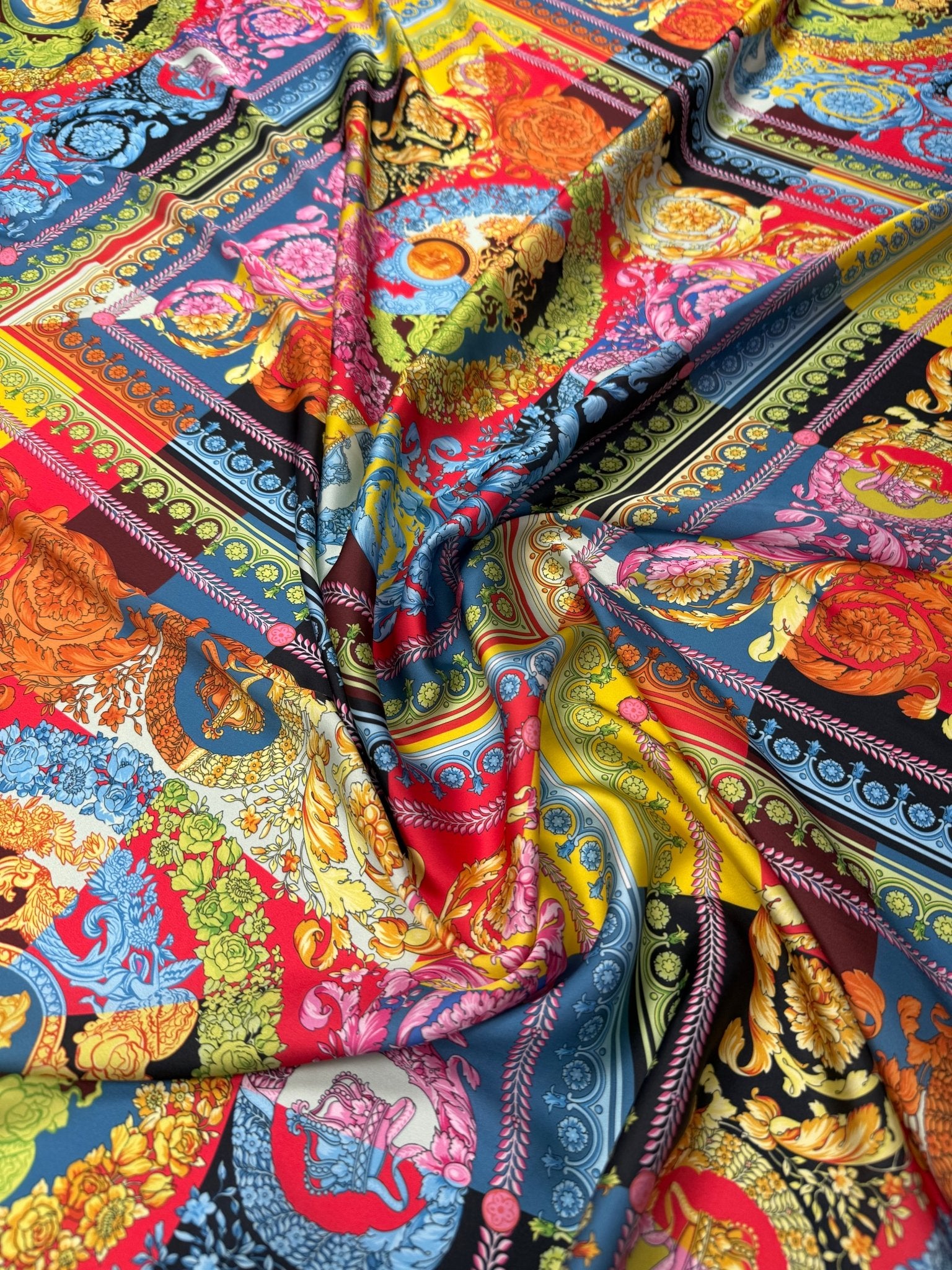 Colourful Baroque Satin Fabric by the Metre - Whotex Fabrics London