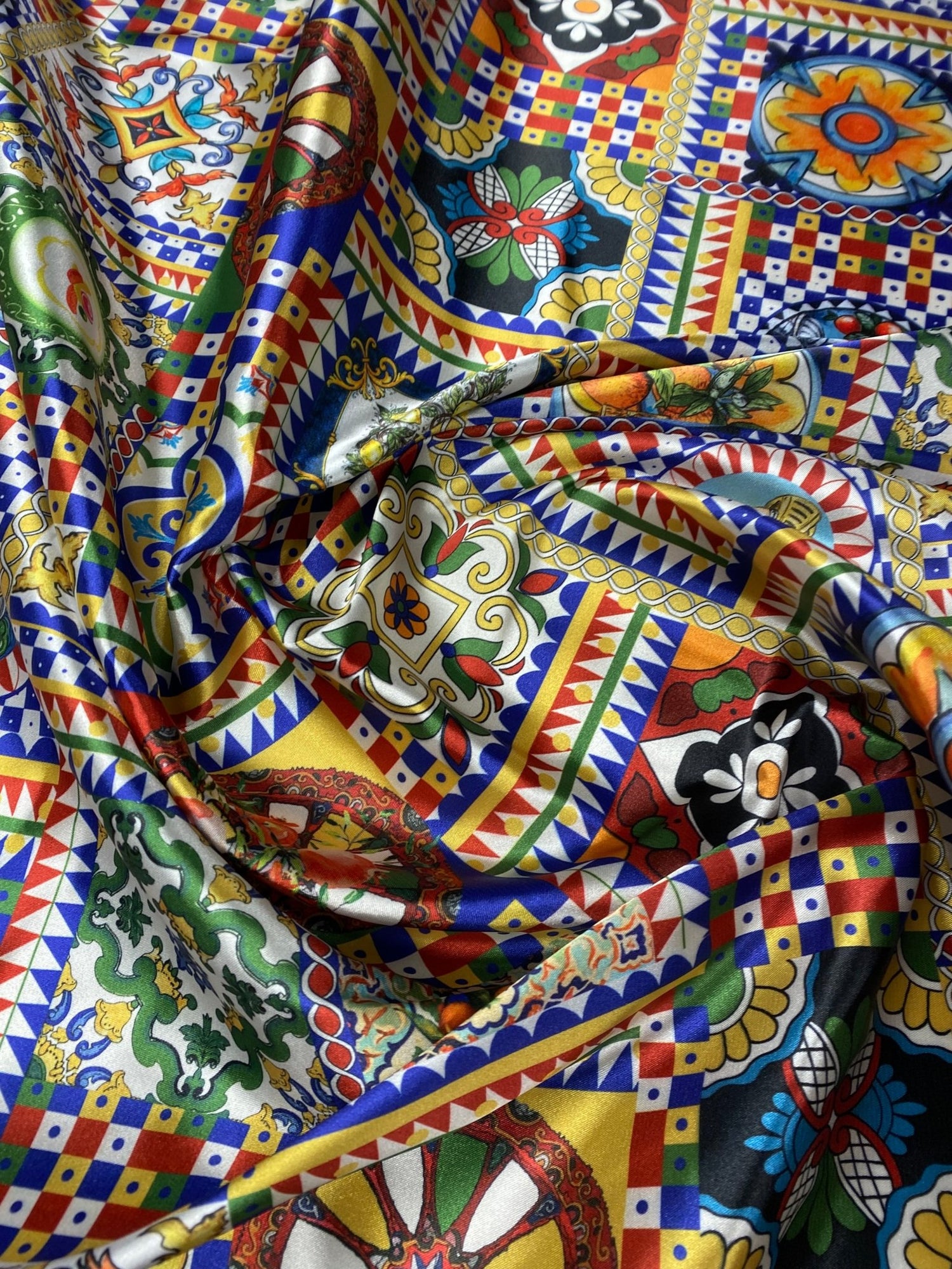 Colourful Tile Print Lycra Satin Fabric by the Metre - Whotex Fabrics London