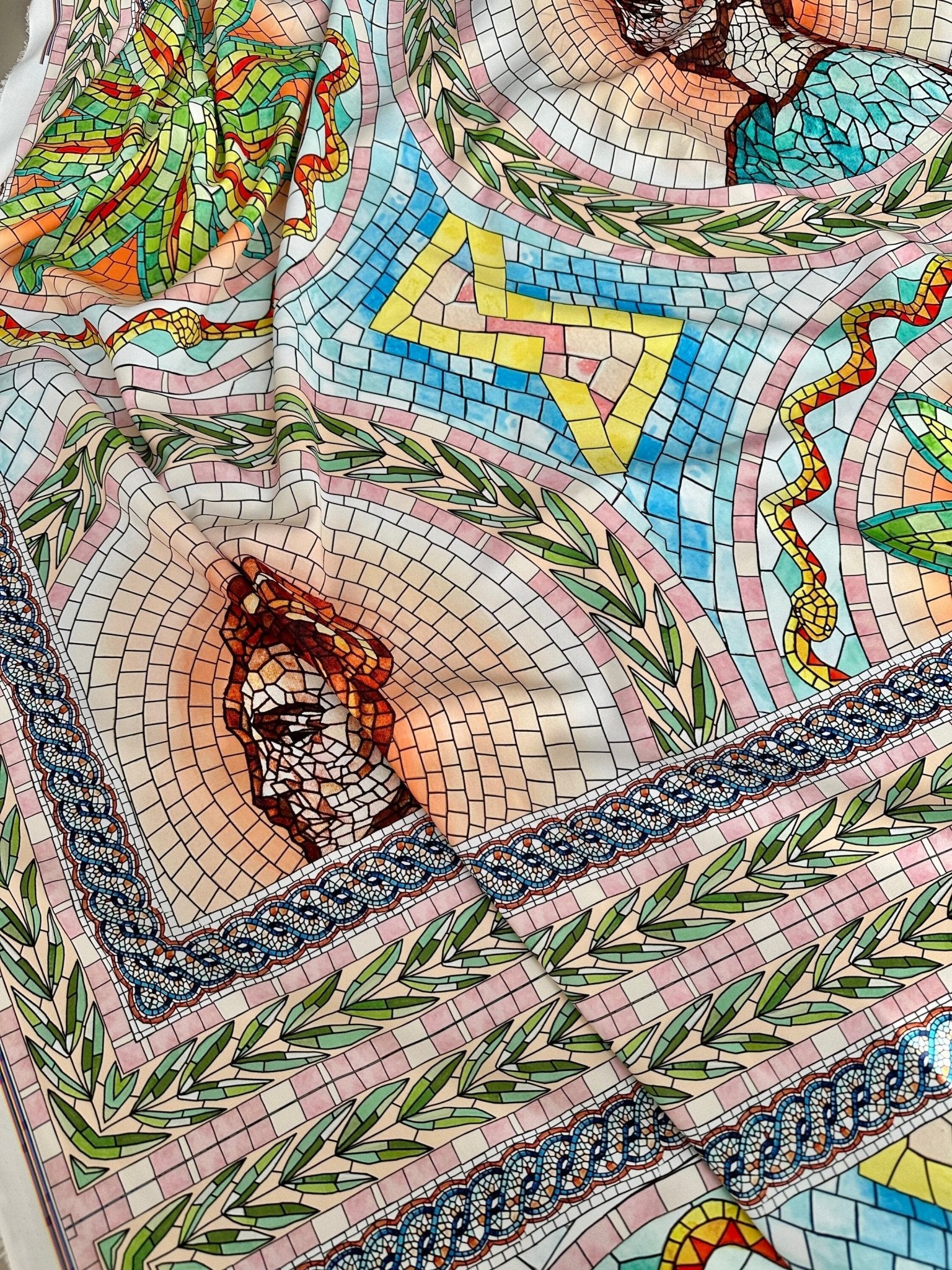 Coupon Fabric, Greek Mosaics print Silky Crepe Fabric , Fabric by the yard, Panel Fabric 150*100cm // 1.64 * 1.09 yard - Whotex Online Fabric Store