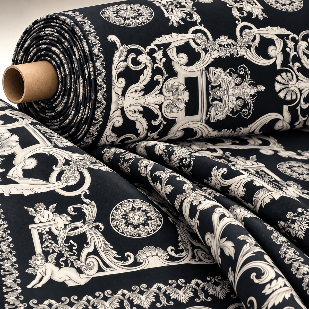 Elegant Black and White Baroque Fabric - Whotex Fabrics London