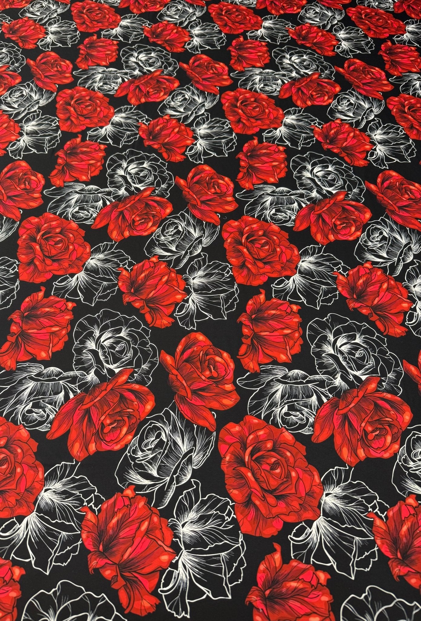 Elegant Red Rose Patterned Fabric by Metre - Whotex Fabrics London