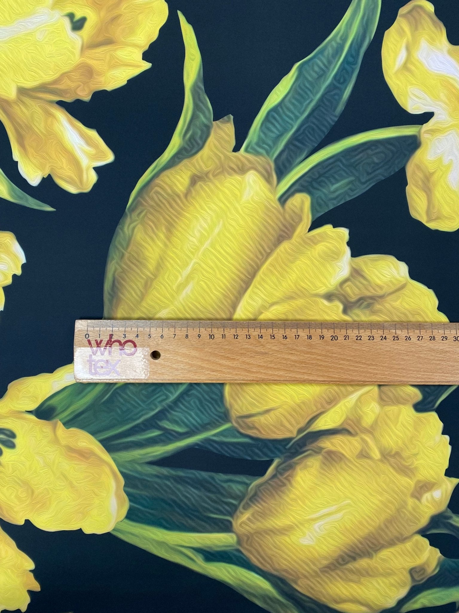 Elegant Yellow Tulip Floral Print Fabric on Black Background Sold by Metre - Whotex Fabrics London