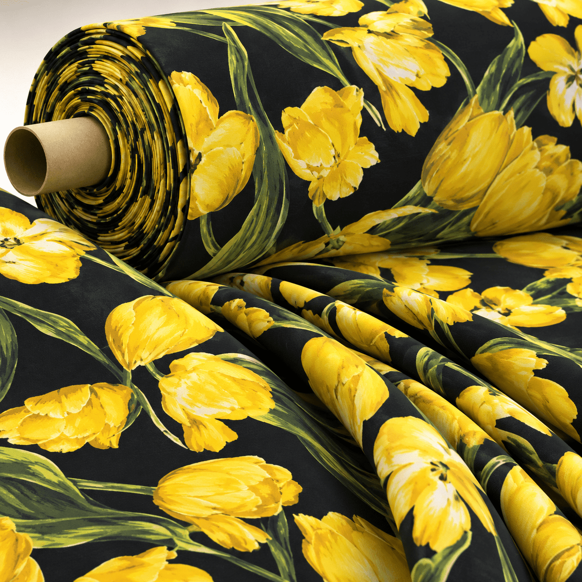 Elegant Yellow Tulip Floral Print Fabric on Black Background Sold by Metre - Whotex Fabrics London