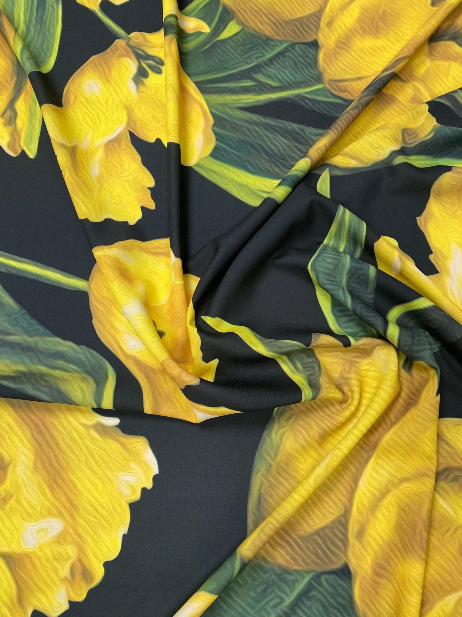 Elegant Yellow Tulip Floral Print Fabric on Black Background Sold by Metre - Whotex Fabrics London