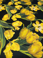 Elegant Yellow Tulip Floral Print Fabric on Black Background Sold by Metre - Whotex Fabrics London