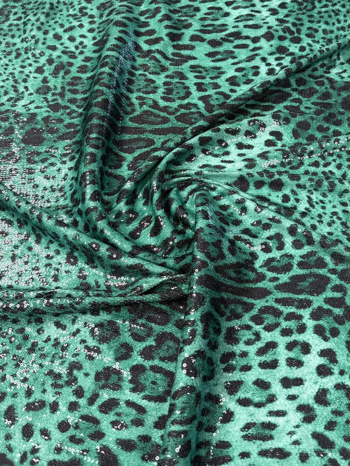 Emerald Leopard Sequin Fabric by the Metre - Whotex Fabrics London