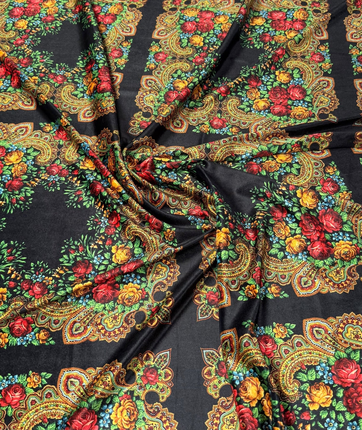 Ethnic Floral Pattern Black Velvet Fabric - Whotex Fabrics London