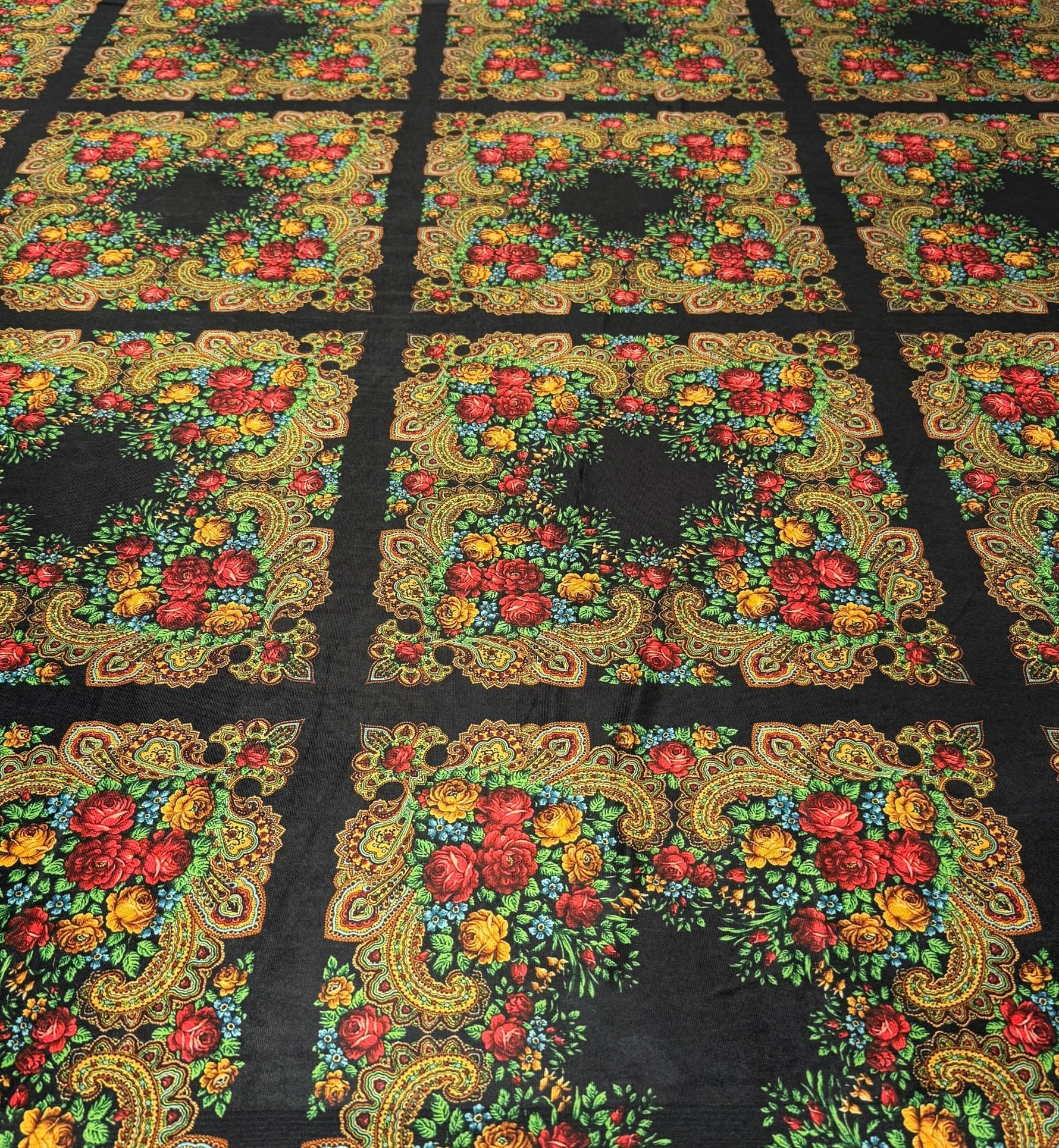 Ethnic Floral Pattern Black Velvet Fabric - Whotex Fabrics London