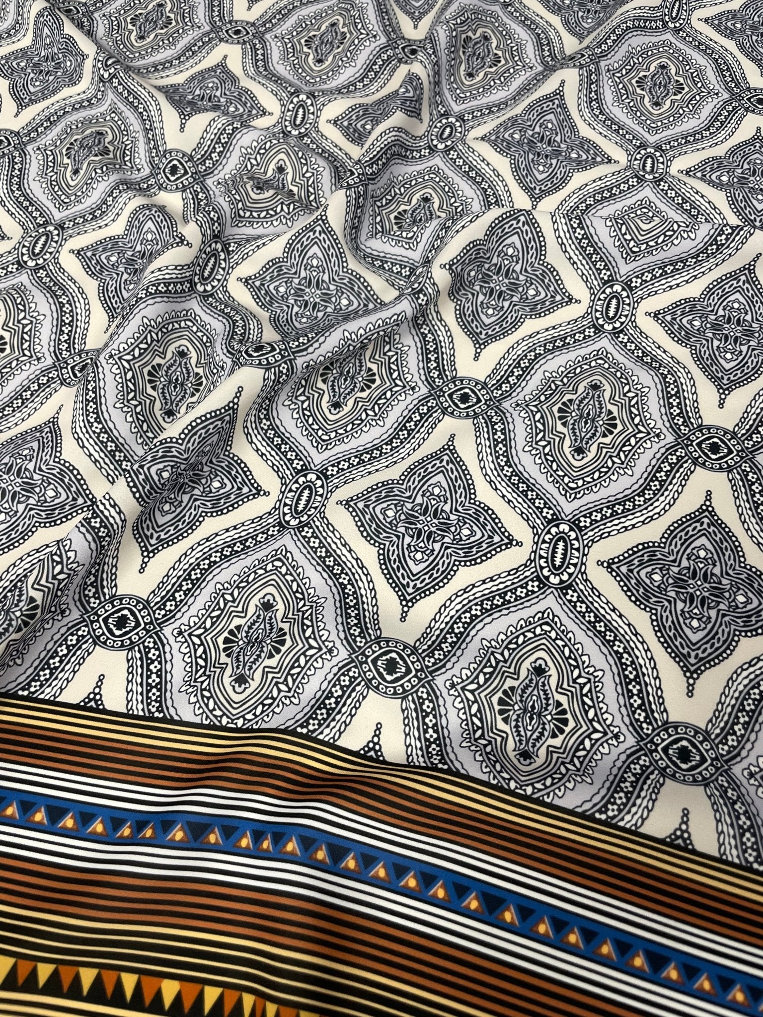 Ethnic Geometric Fabric – Black and White Mandala Pattern with Tribal Stripe Borders - Whotex Online Fabric Store