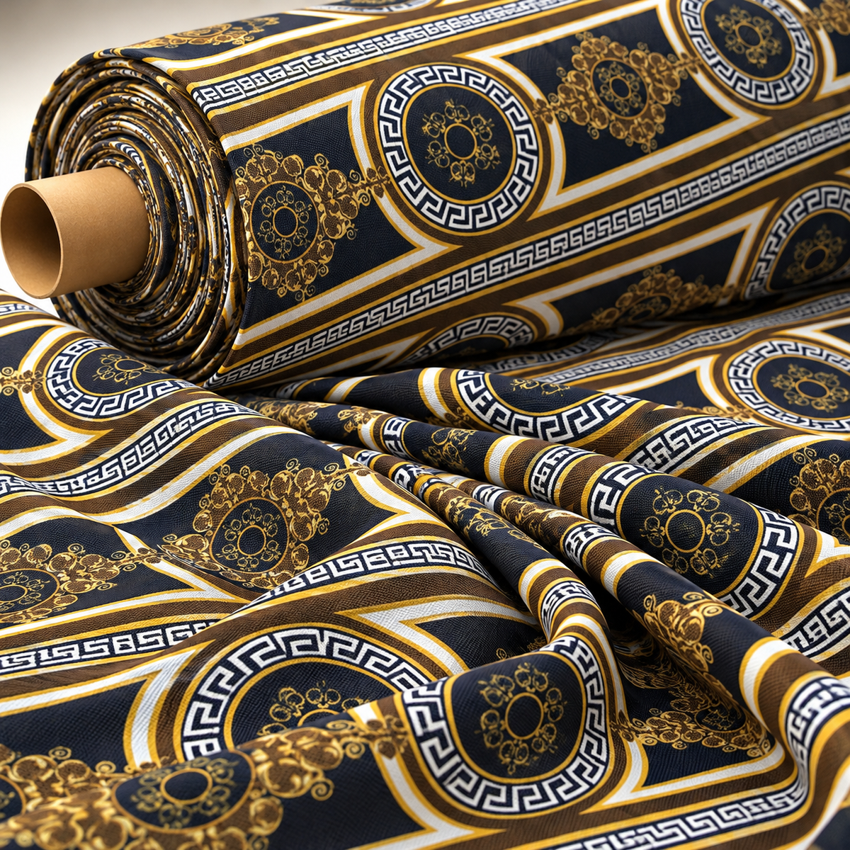 Brown Silky Crepe Fabric with Greek Key Pattern Fabric by Metre