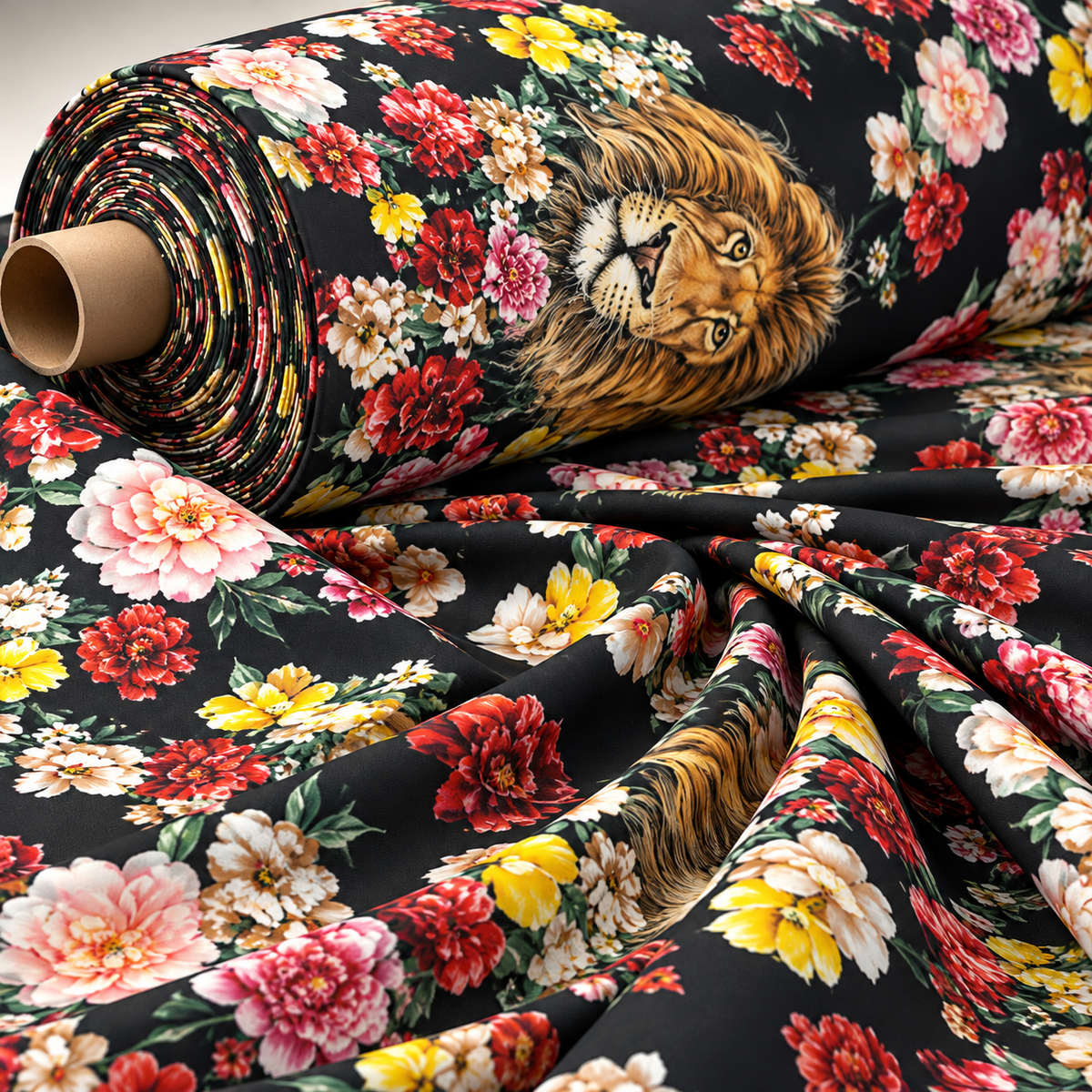 Floral Lion Print Lycra Stretch Fabric by the Metre - Whotex Fabrics London