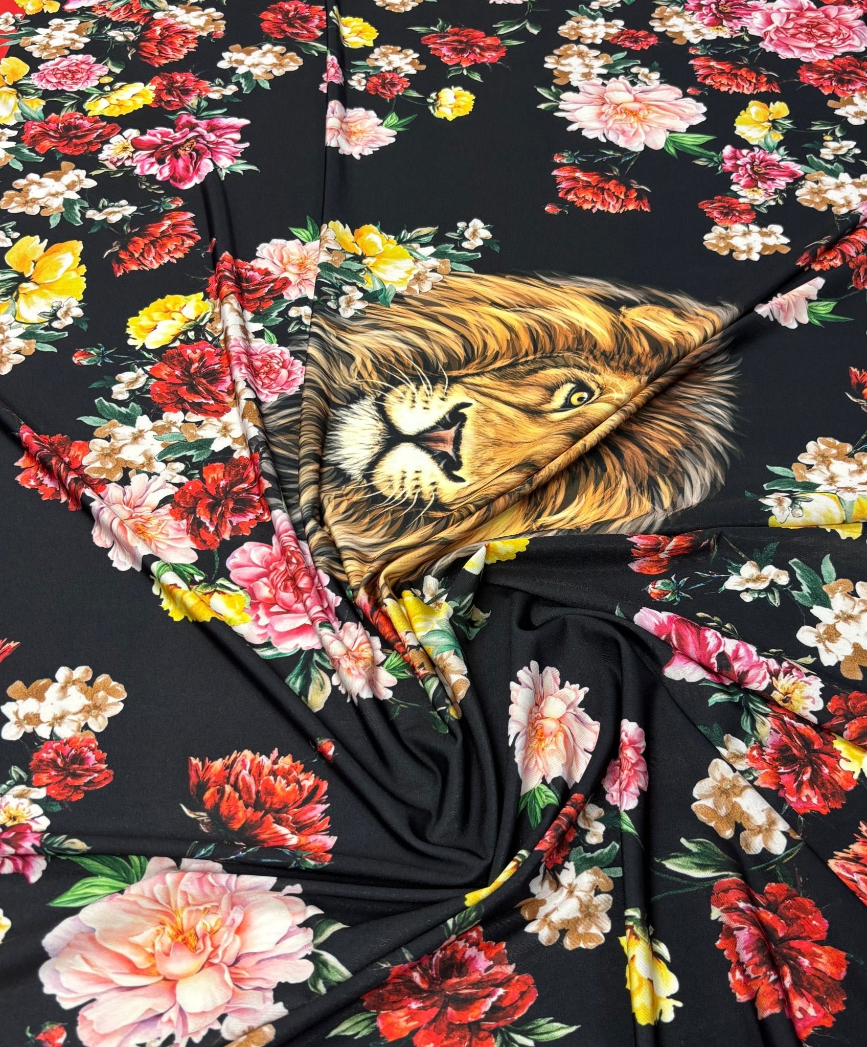 Floral Lion Print Lycra Stretch Fabric by the Metre - Whotex Fabrics London
