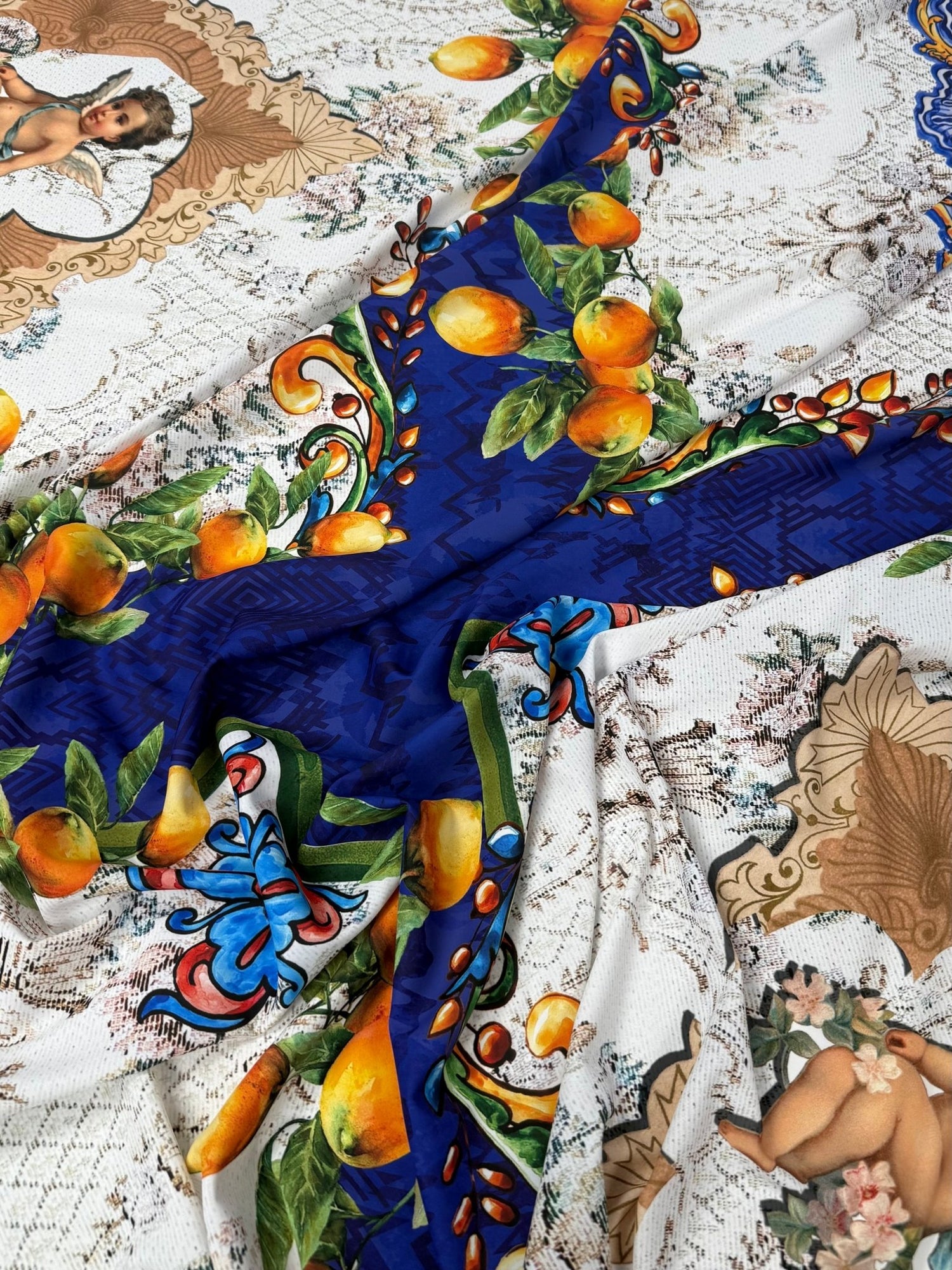 Floral Mosaic Lemon Angel Pattern Fabric Sold by Metre - Whotex Fabrics London