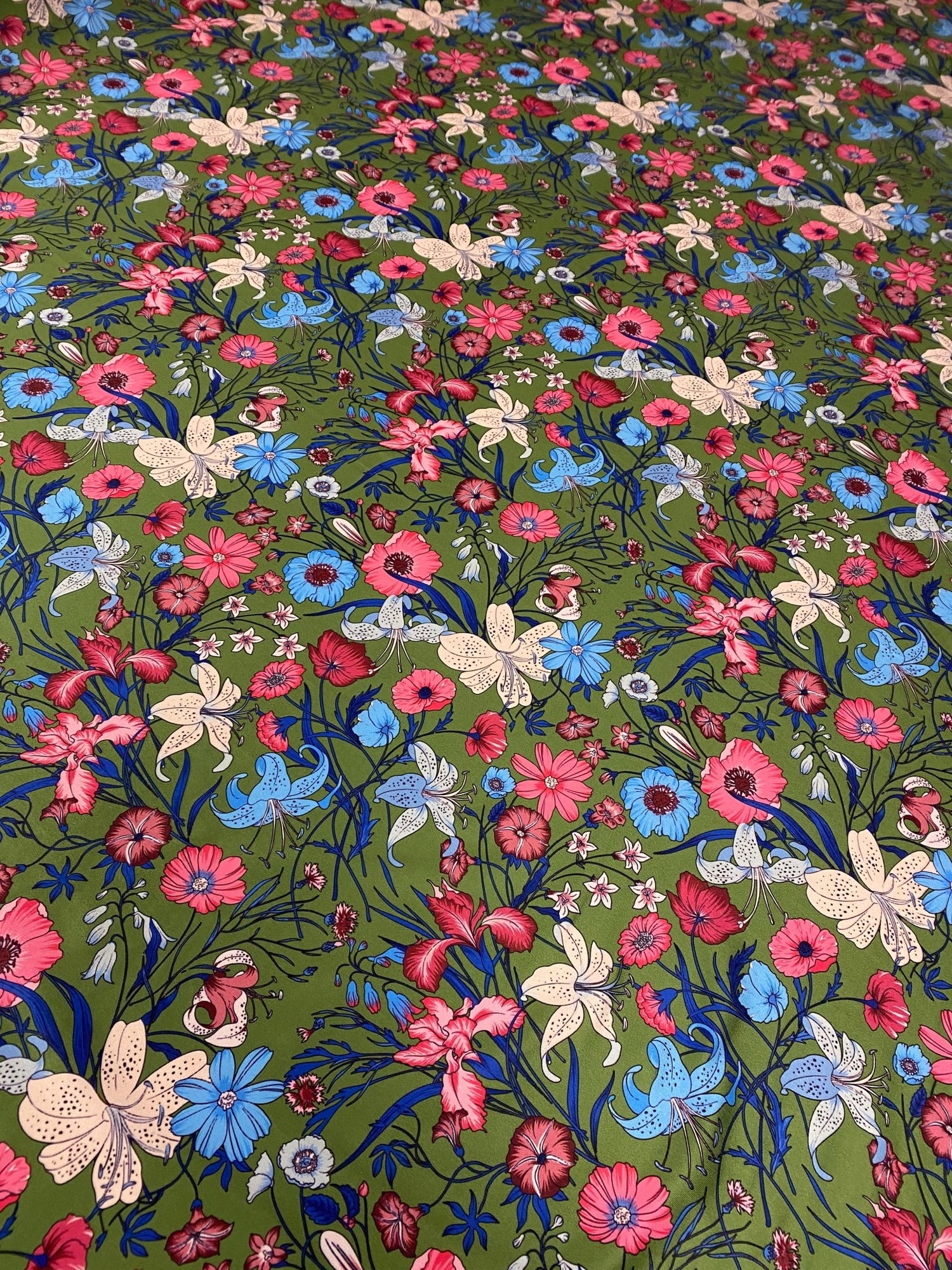 Floral Spandex Fabric – Green Base Stretch Material by Metre - Whotex Fabrics London