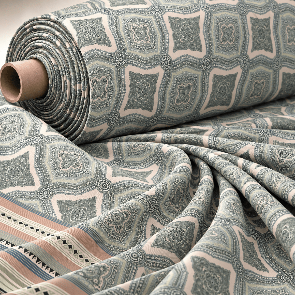 Geometric Border Poly Linen Fabric by the Metre - Whotex Fabrics London