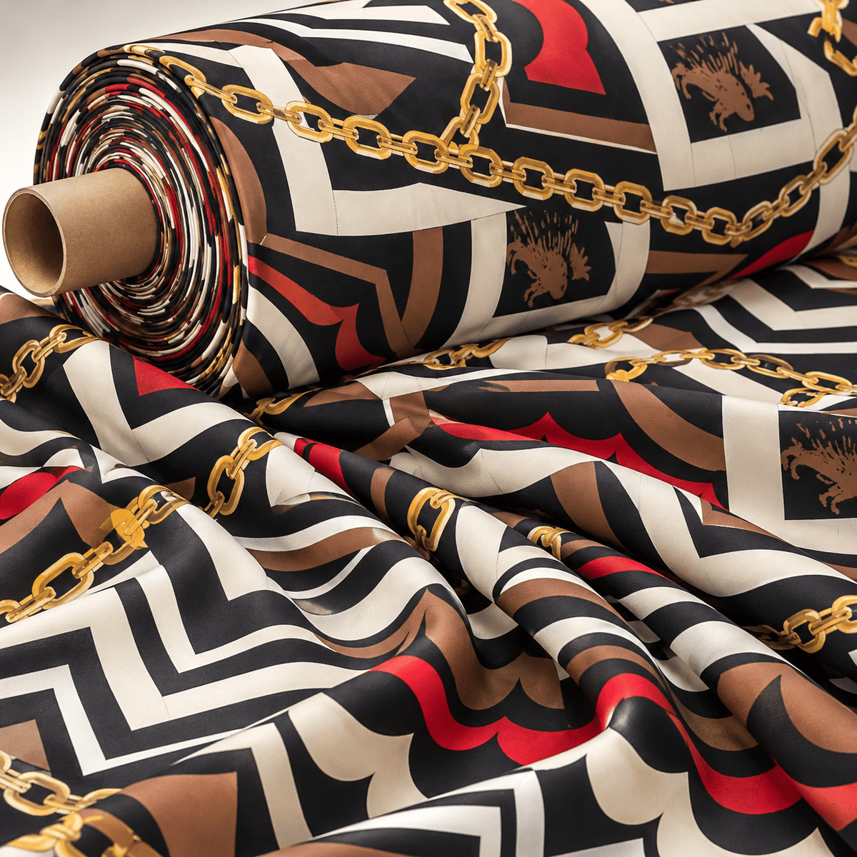 Geometric Chain Print Fabric – Brown Red Abstract Pattern by the Metre - Whotex Fabrics London