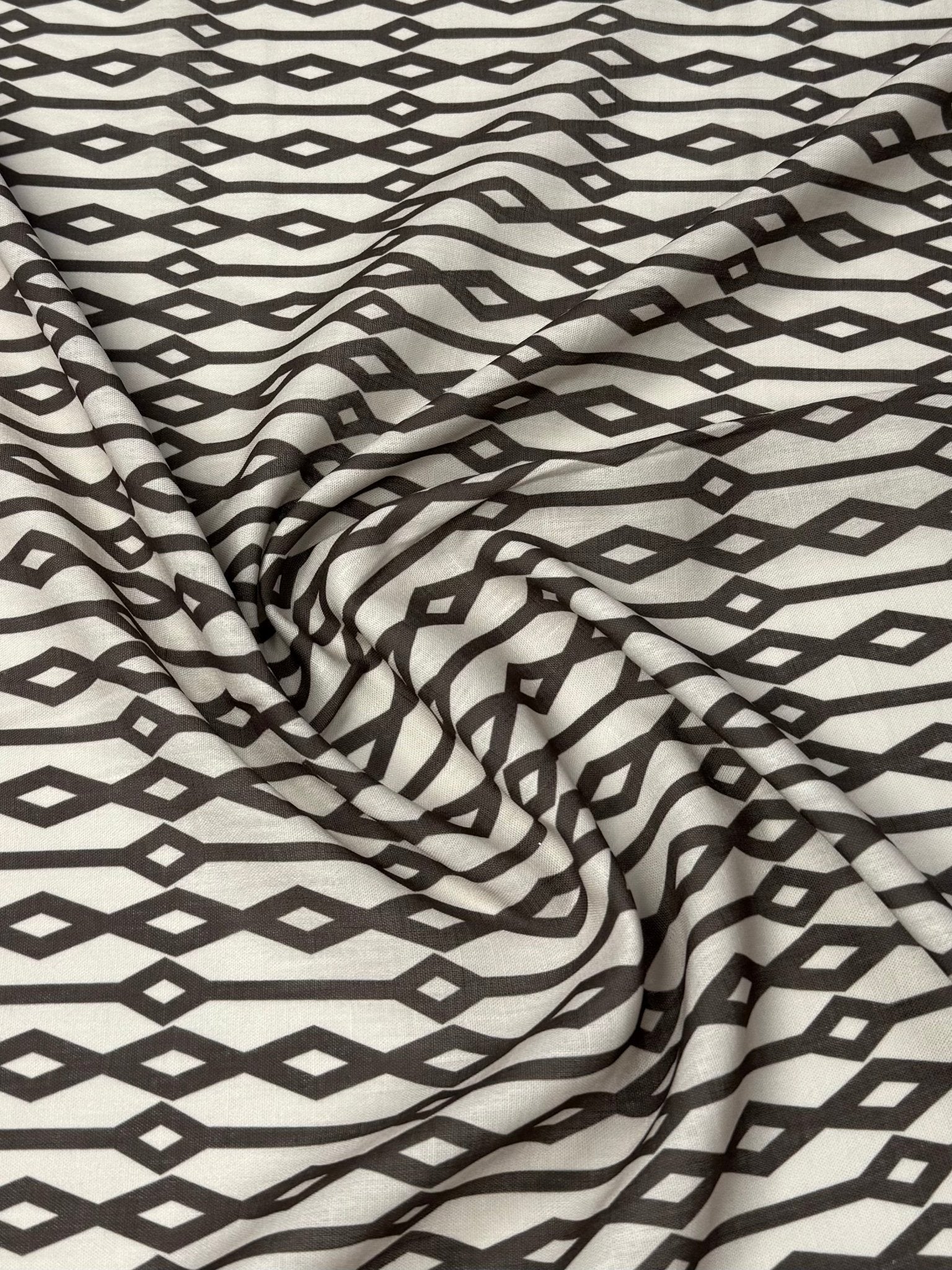 Geometric Diamond Fabric – Black & Beige Minimal Print by the Metre - Whotex Fabrics London