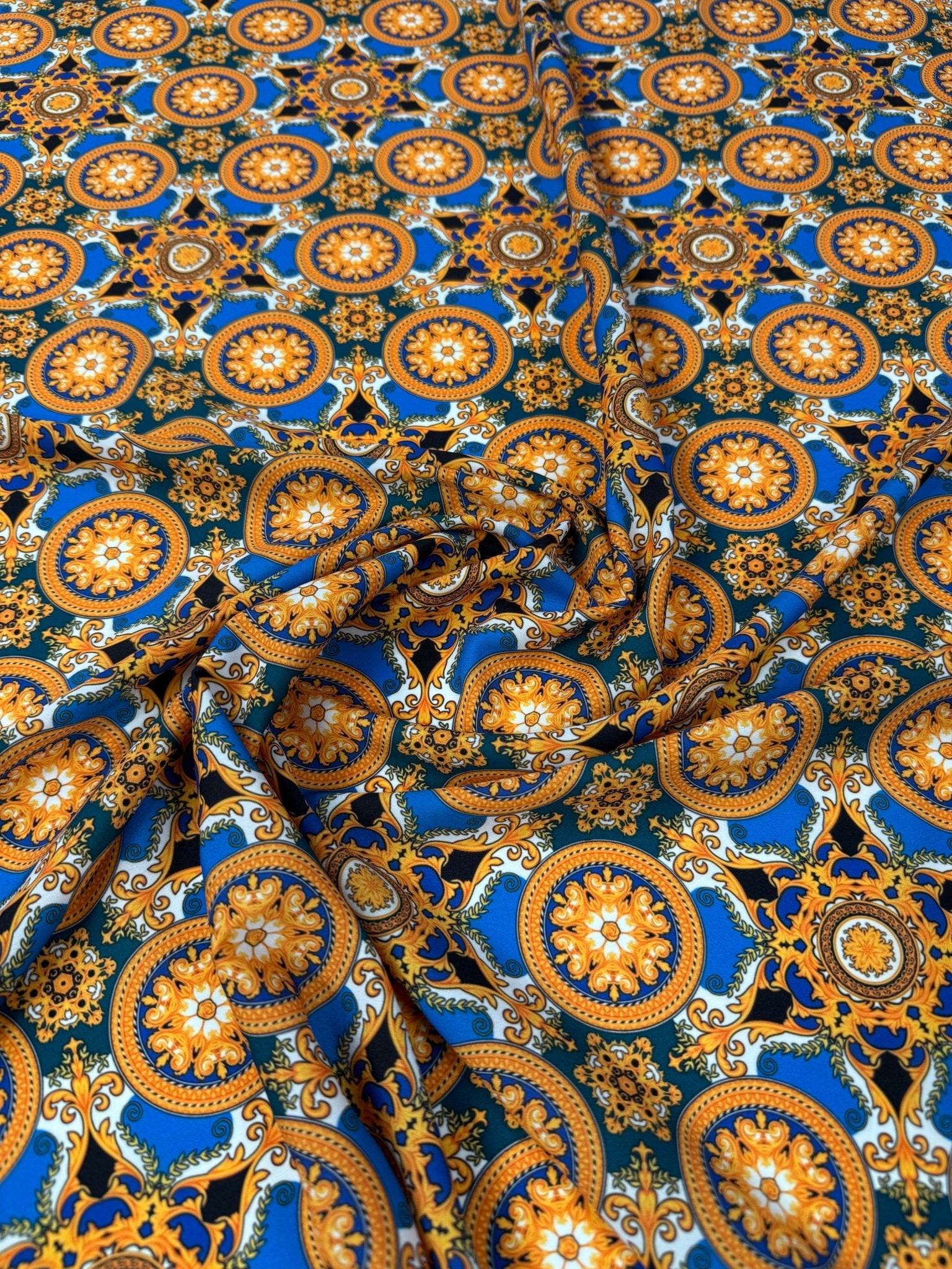 Geometric Medallion Moss Crepe Fabric by the Metre - Whotex Fabrics London