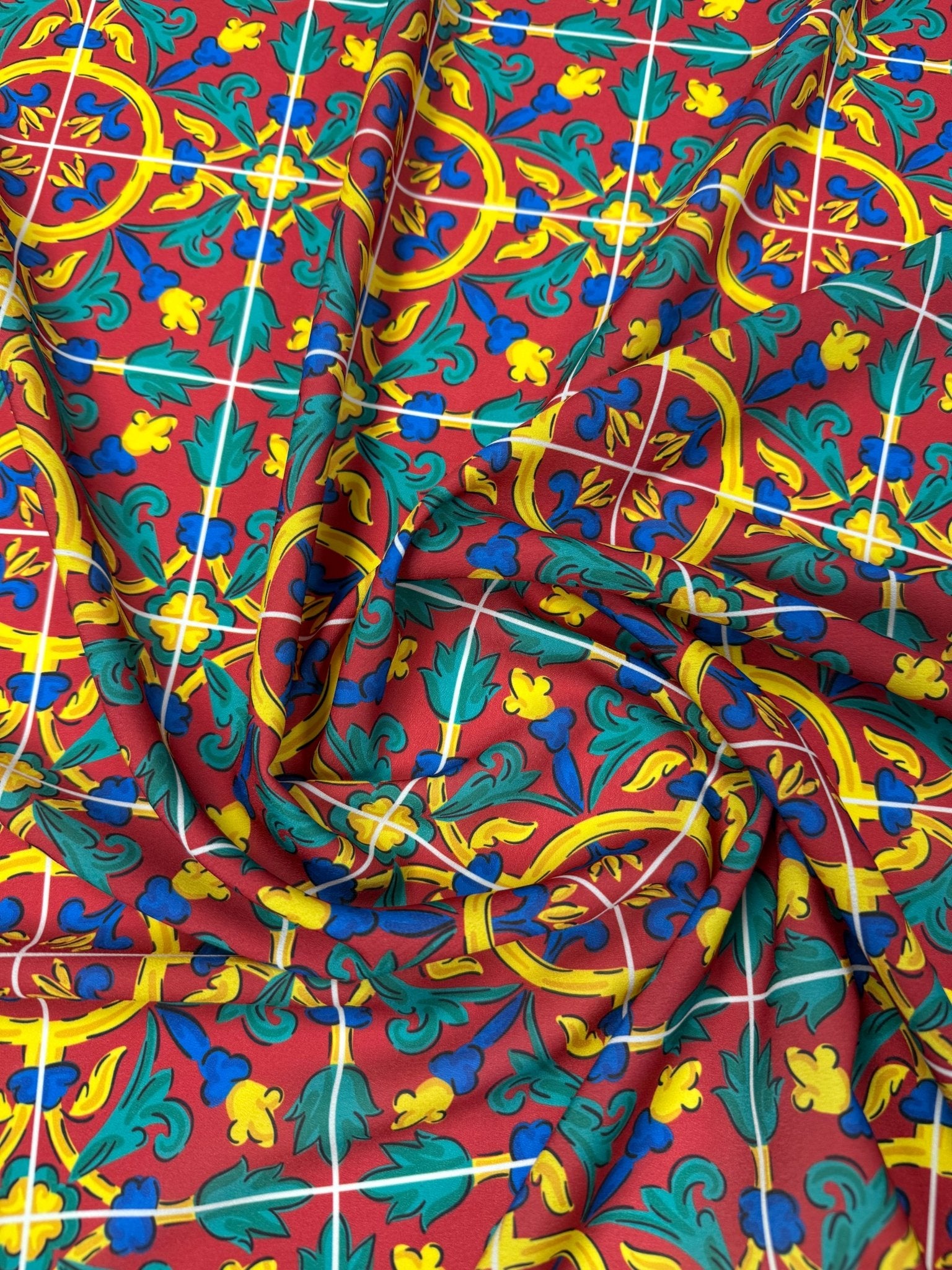 Geometric Medallion Moss Crepe Fabric by the Metre - Whotex Fabrics London