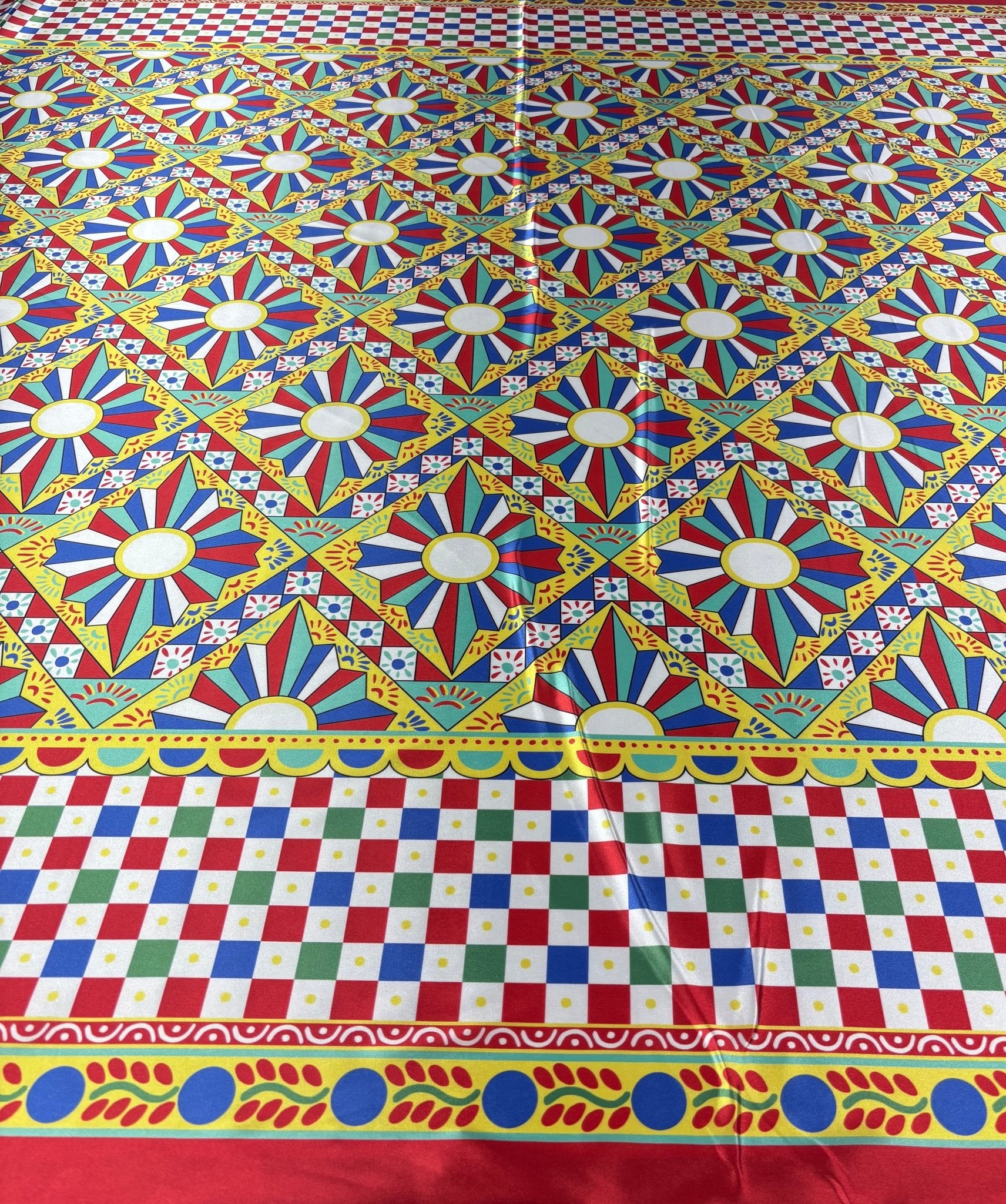 Geometric Mosaic Lycra Satin Fabric by the Metre - Whotex Fabrics London