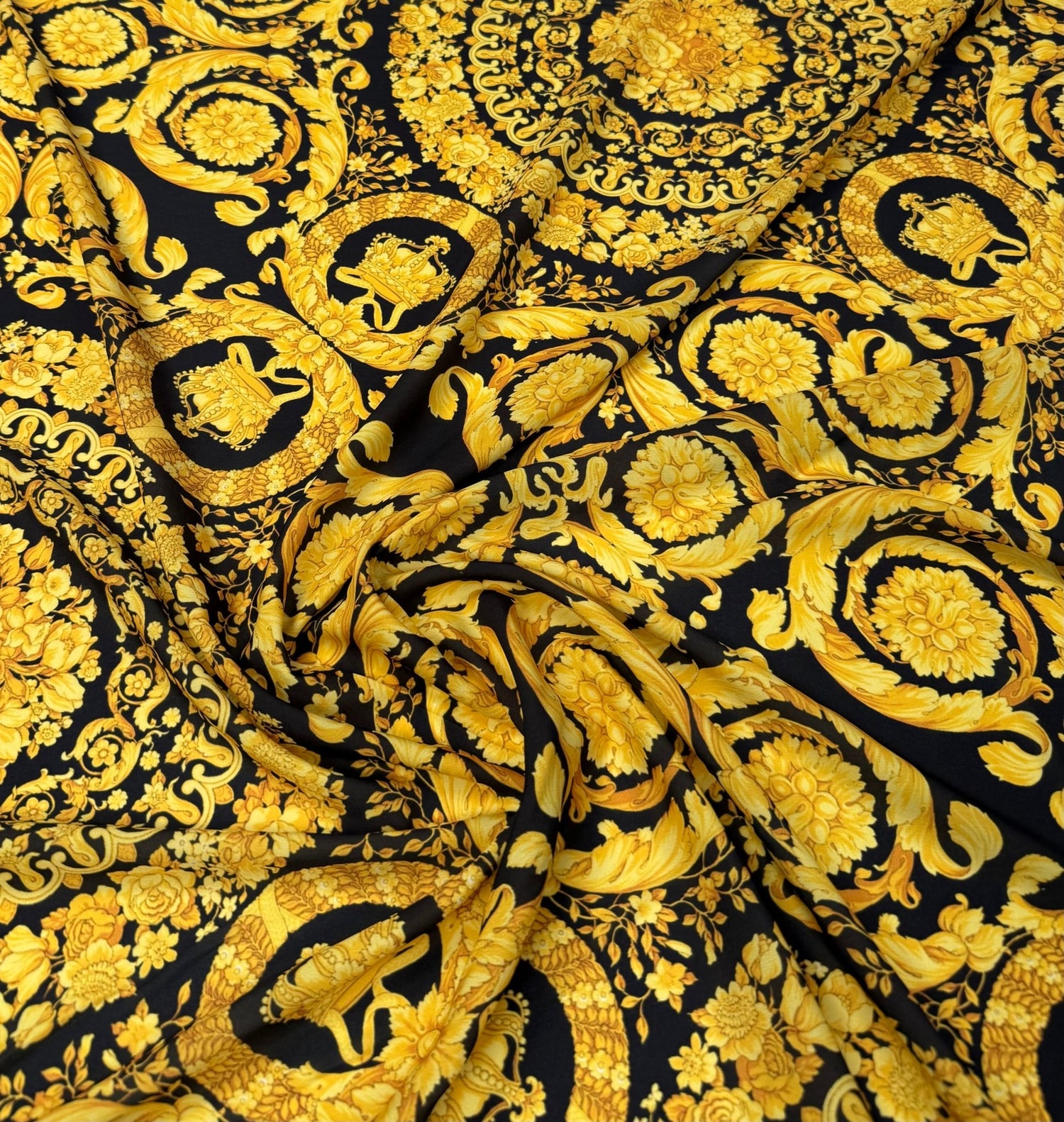 Gold Baroque Medallion Moss Crepe Fabric by the Metre - Whotex Fabrics London