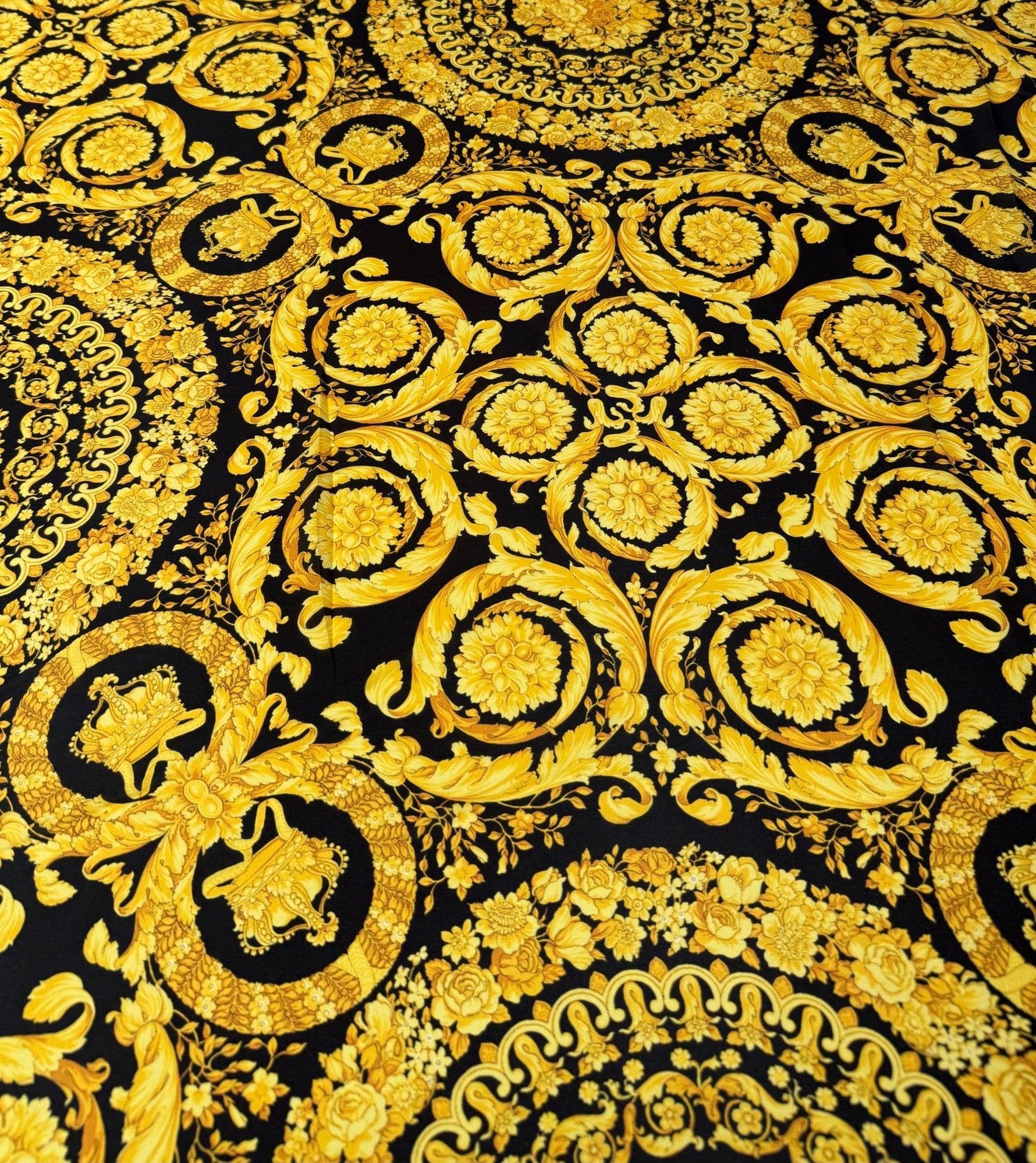 Gold Baroque Medallion Moss Crepe Fabric by the Metre - Whotex Fabrics London